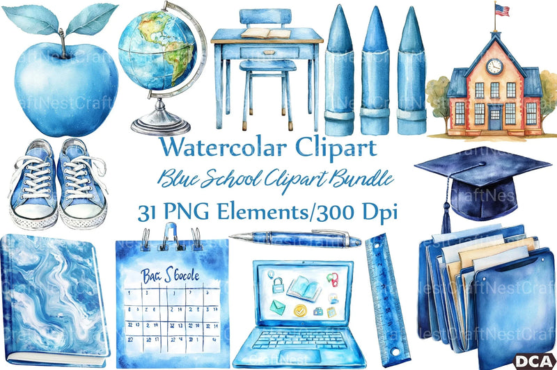 Blue School Clipart Bundle - CraftNest - Digital Crafting and Art