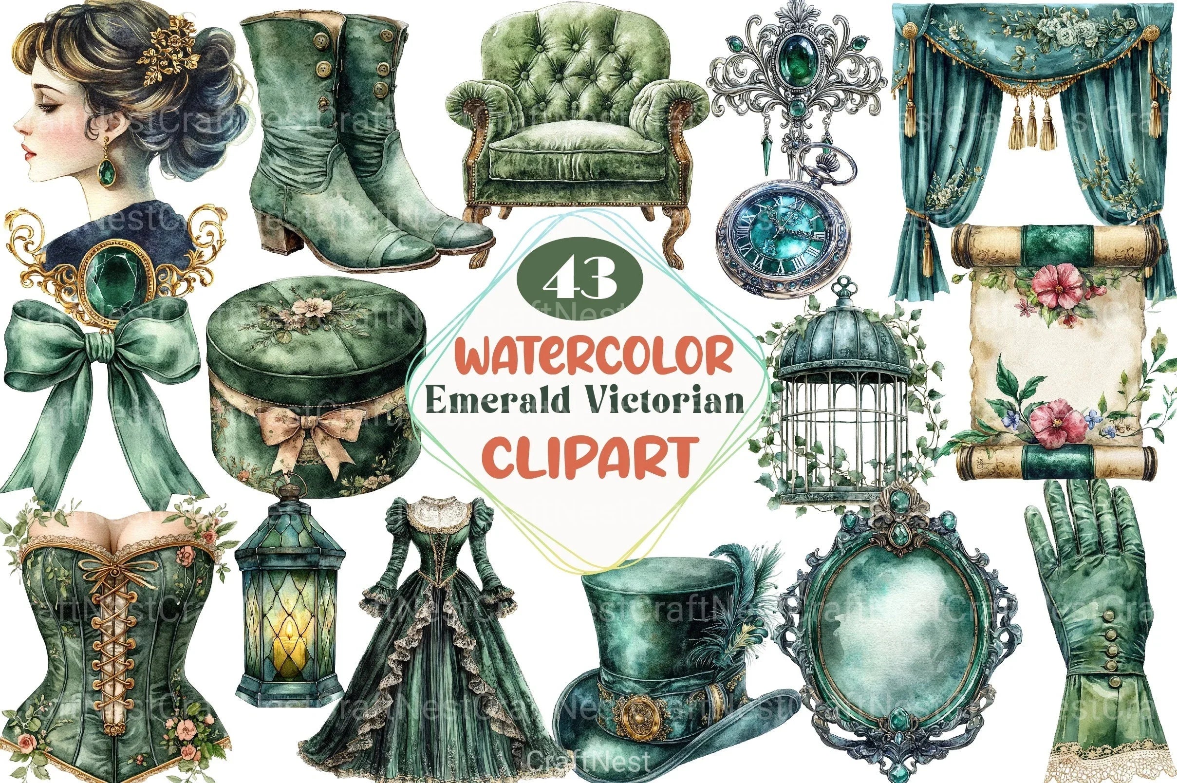 Emerald Victorian Clipart Bundle 7 - CraftNest - Digital Crafting and Art