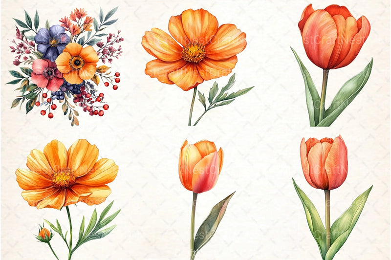 Sunset Fall Flowers Clipart Bundle - CraftNest - Digital Crafting and Art