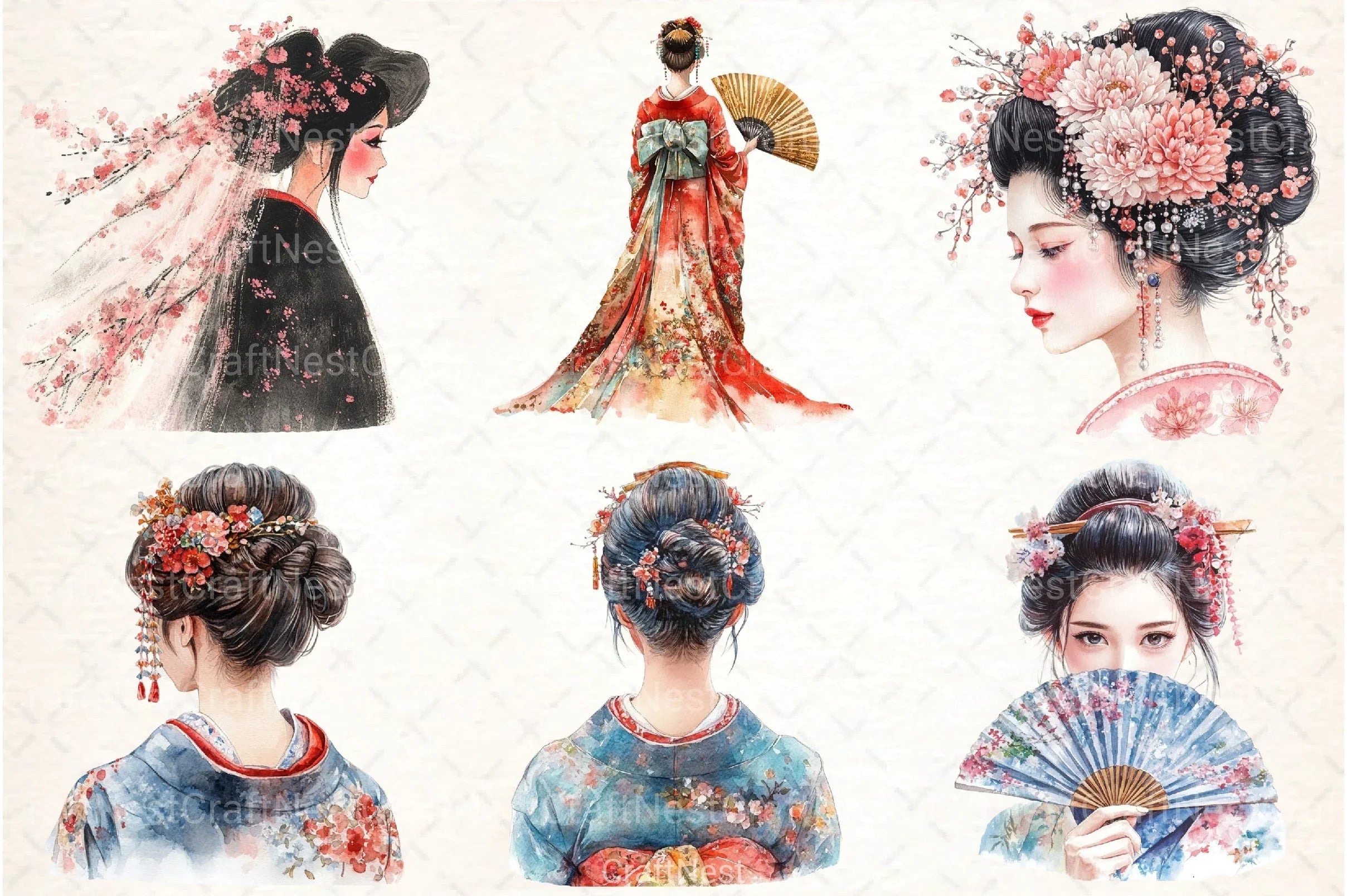 Beautiful Japanese Geisha Girl Clipart Bundle - CraftNest - Digital Crafting and Art