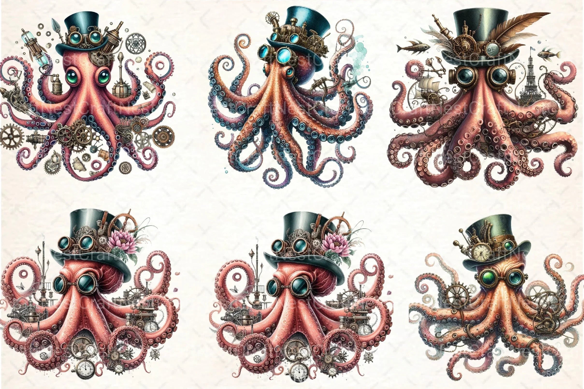 Steampunk Octopus Clipart Bundle - CraftNest - Digital Crafting and Art