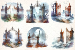 Watercolor Graveyard Gate Clipart Bundle - CraftNest - Digital Crafting and Art