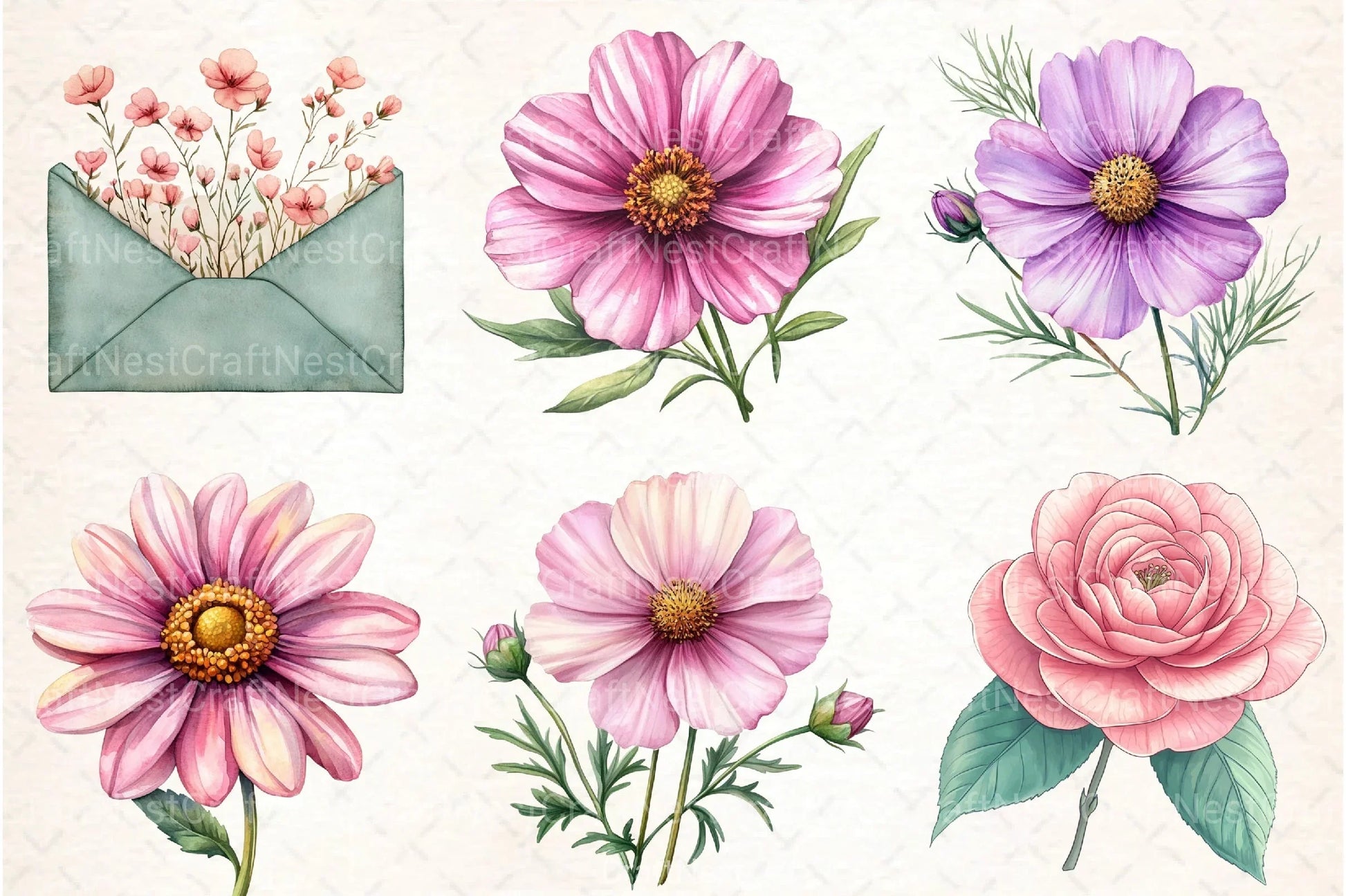 Sage Green Pink Flowers Clipart Bundle - CraftNest - Digital Crafting and Art