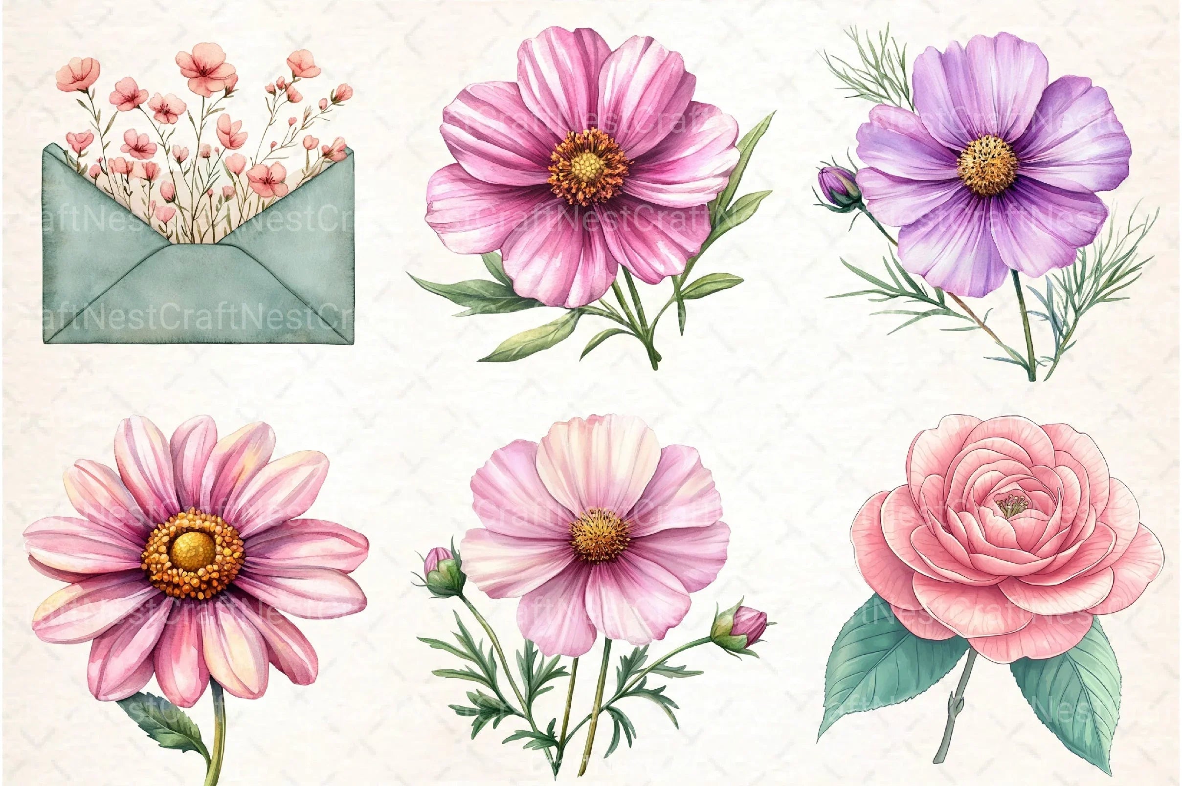 Sage Green Pink Flowers Clipart Bundle - CraftNest - Digital Crafting and Art