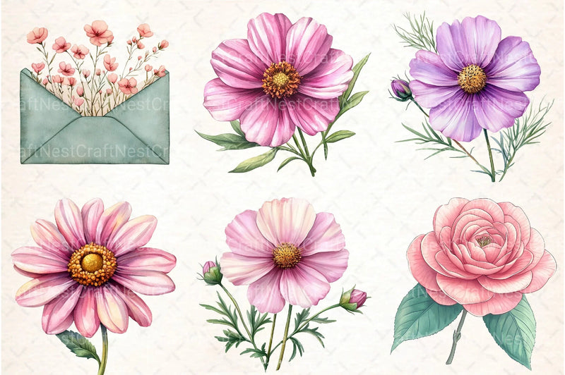 Sage Green Pink Flowers Clipart Bundle - CraftNest - Digital Crafting and Art