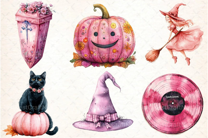 Pink Retro Halloween Clipart Bundle - CraftNest - Digital Crafting and Art
