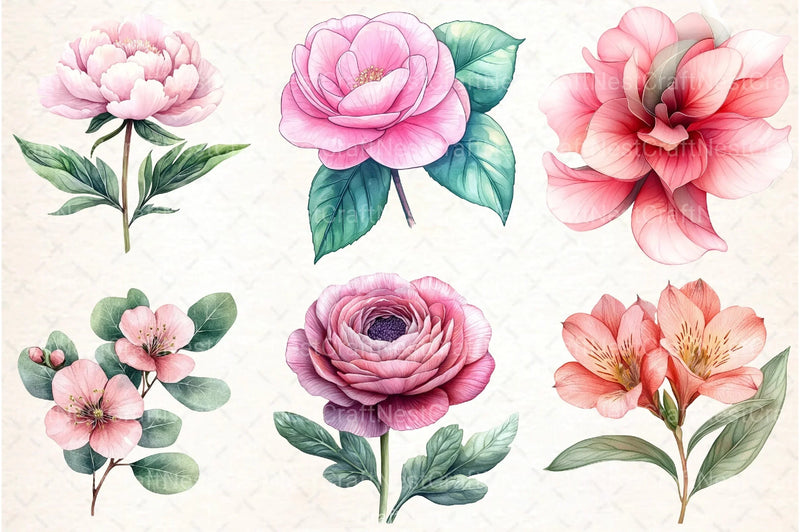 Sage Green Pink Flowers Clipart Bundle - CraftNest - Digital Crafting and Art