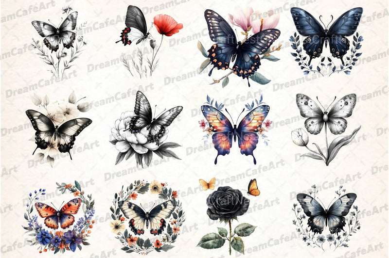 Black and White Butterfly Flowers Clipart Bundle - CraftNest - Digital Crafting and Art