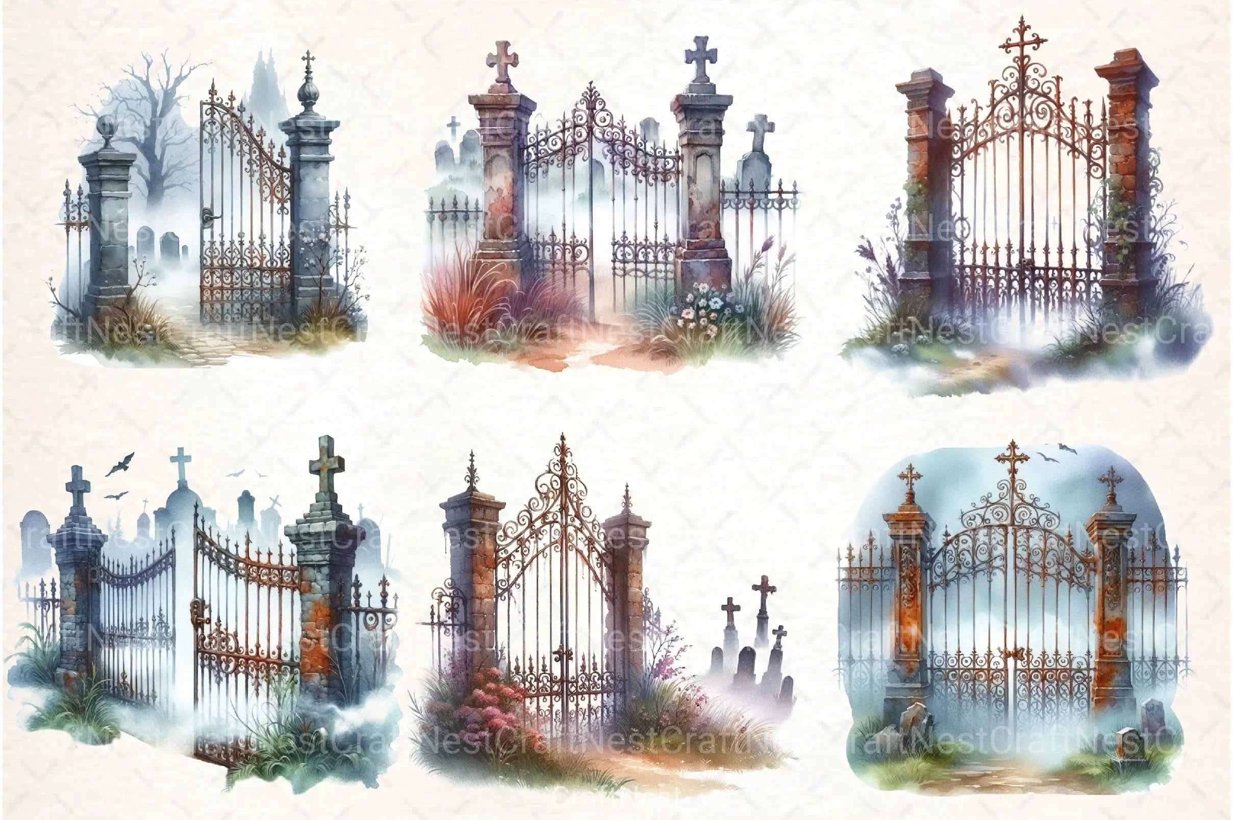Watercolor Graveyard Gate Clipart Bundle - CraftNest - Digital Crafting and Art