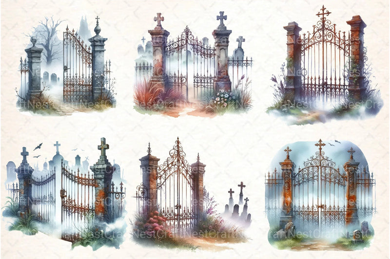 Watercolor Graveyard Gate Clipart Bundle - CraftNest - Digital Crafting and Art