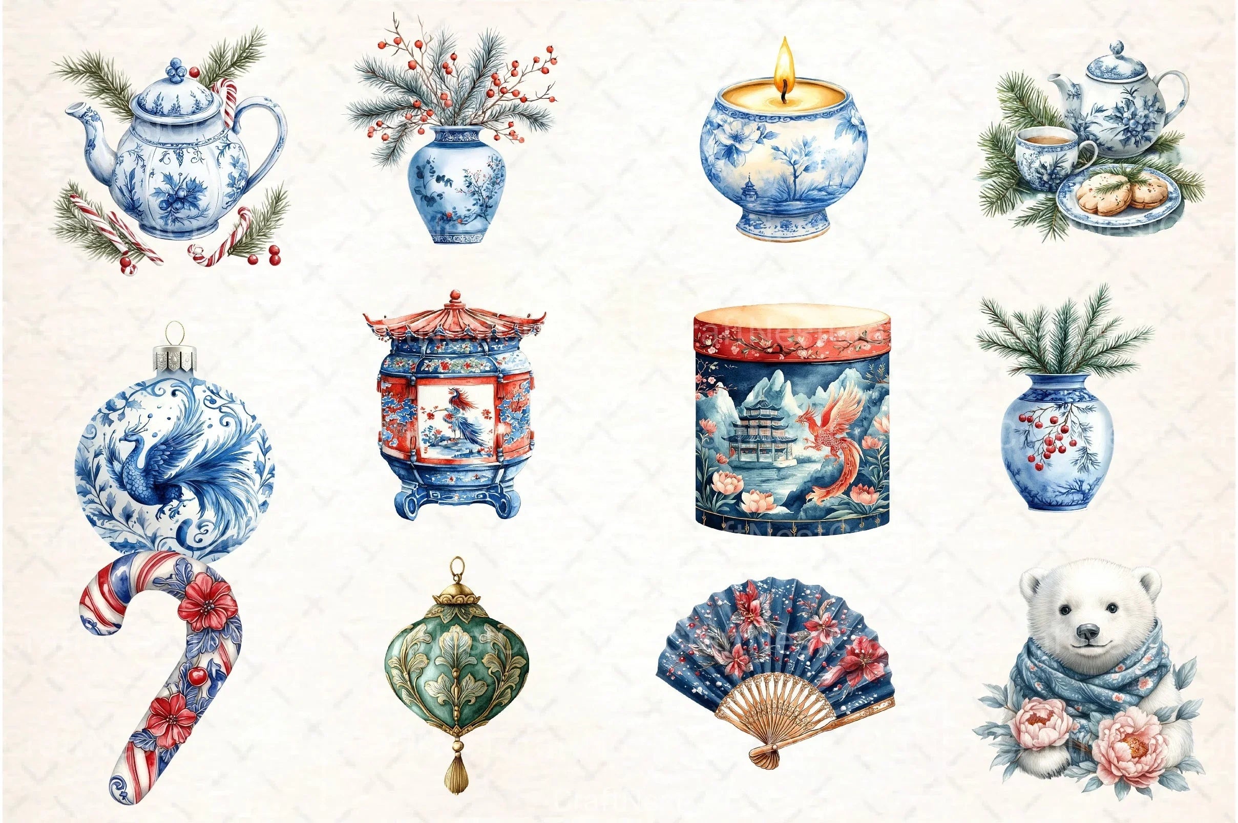 Chinoiserie Christmas Clipart Bundle 13 - CraftNest - Digital Crafting and Art