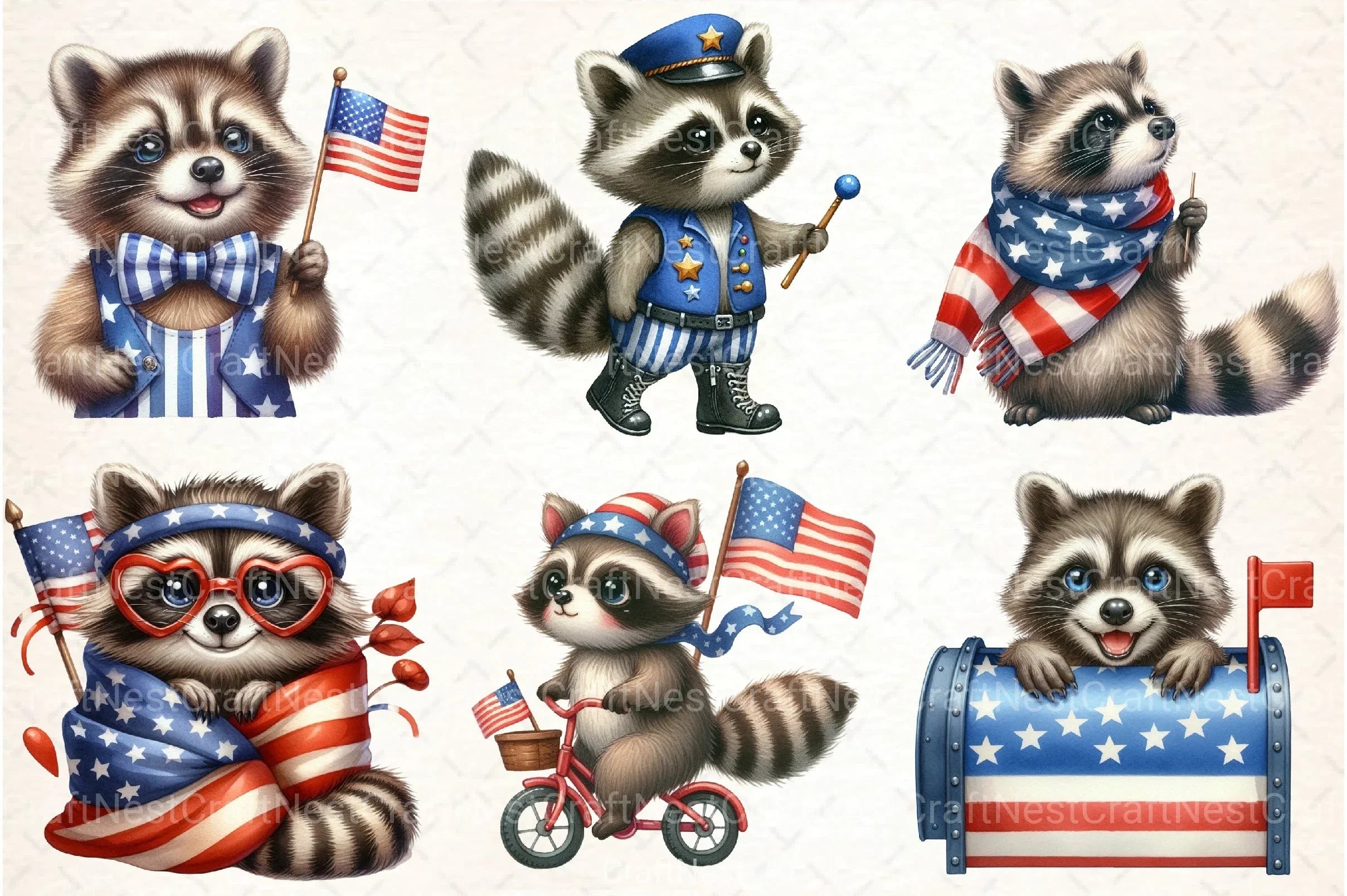 Cartoon Patriotic Raccoon Clipart Bundle - CraftNest - Digital Crafting and Art