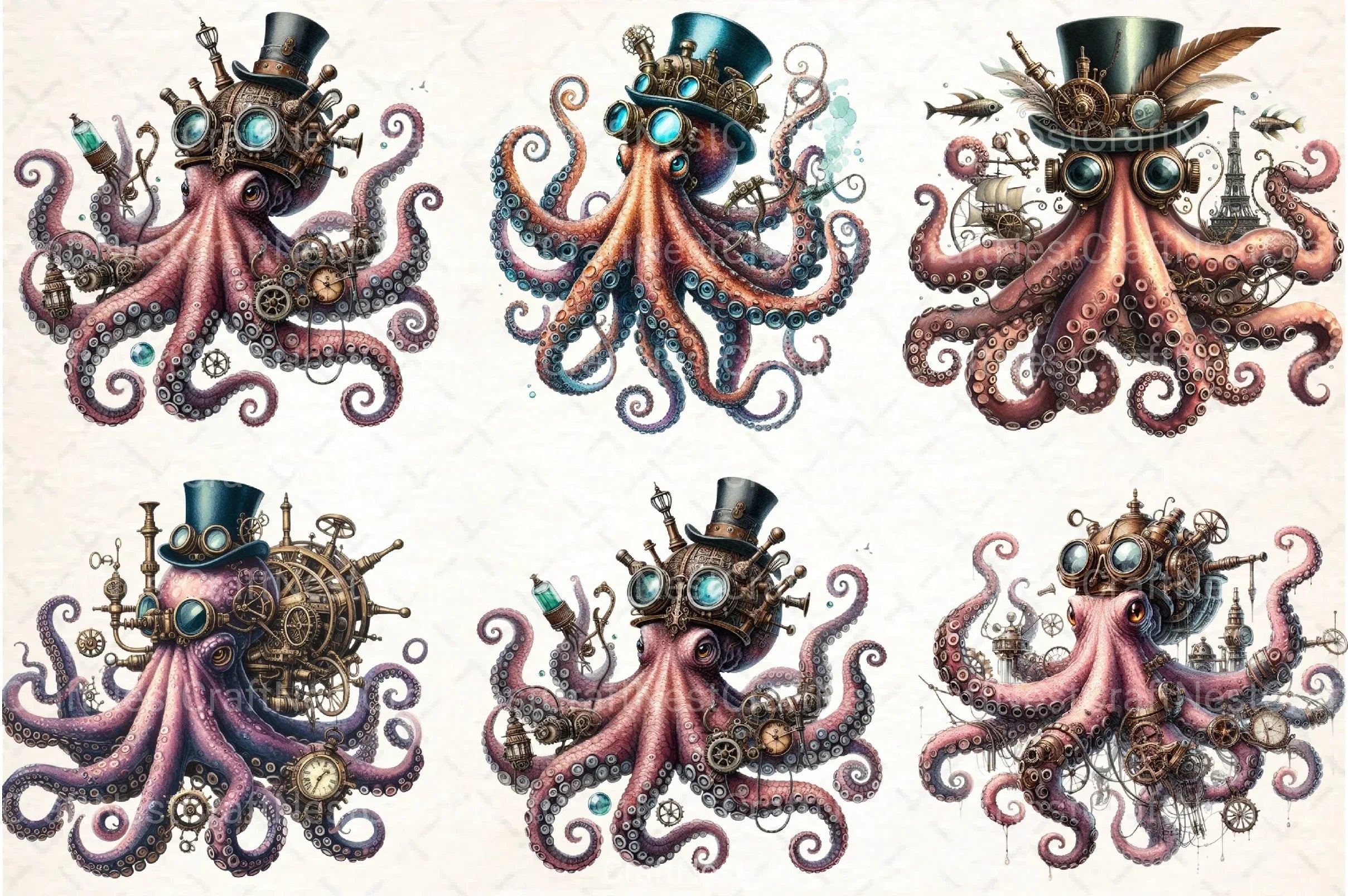 Steampunk Octopus Clipart Bundle - CraftNest - Digital Crafting and Art