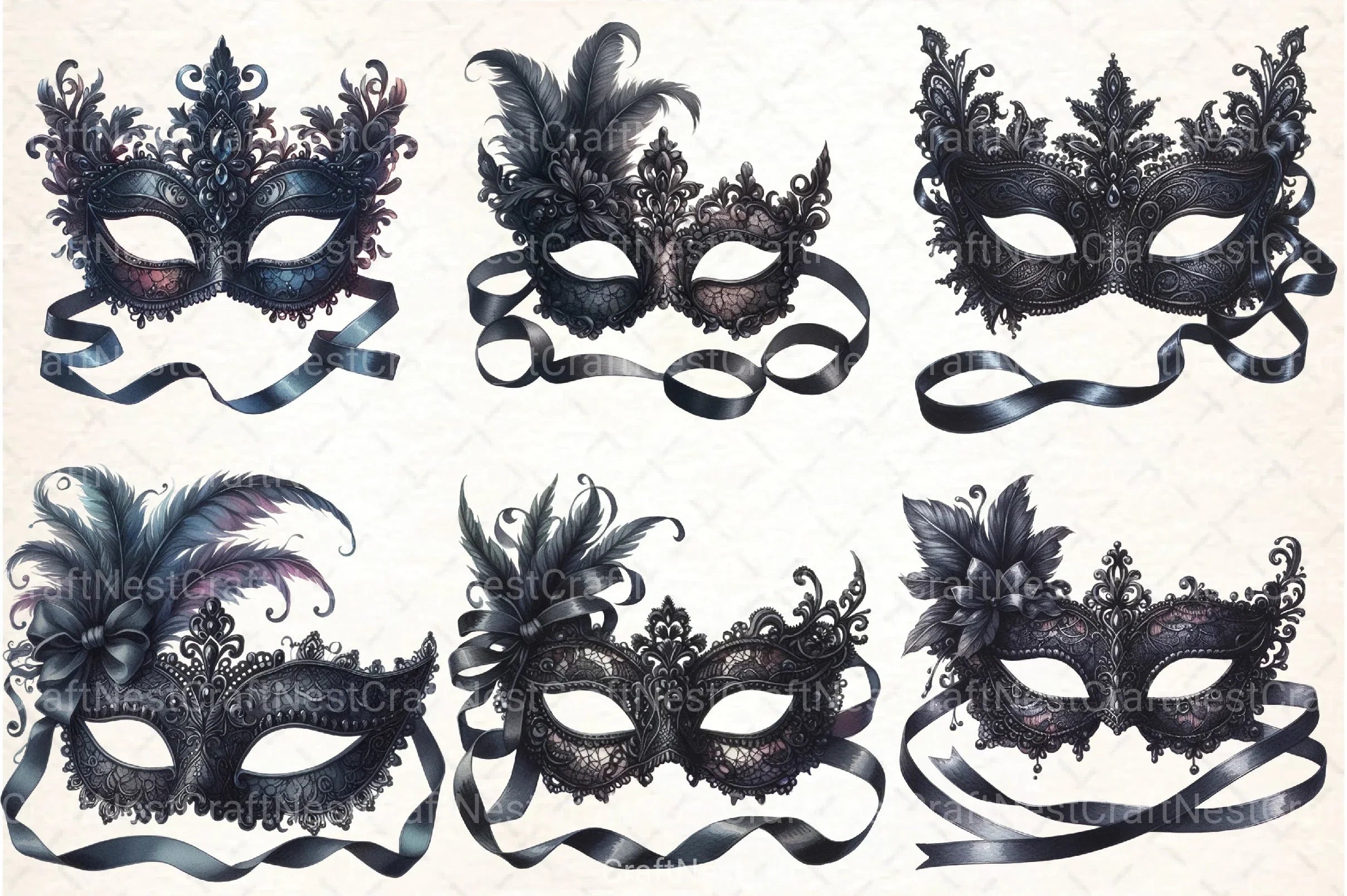Black Lace Masquerade Mask Clipart Bundle - CraftNest - Digital Crafting and Art