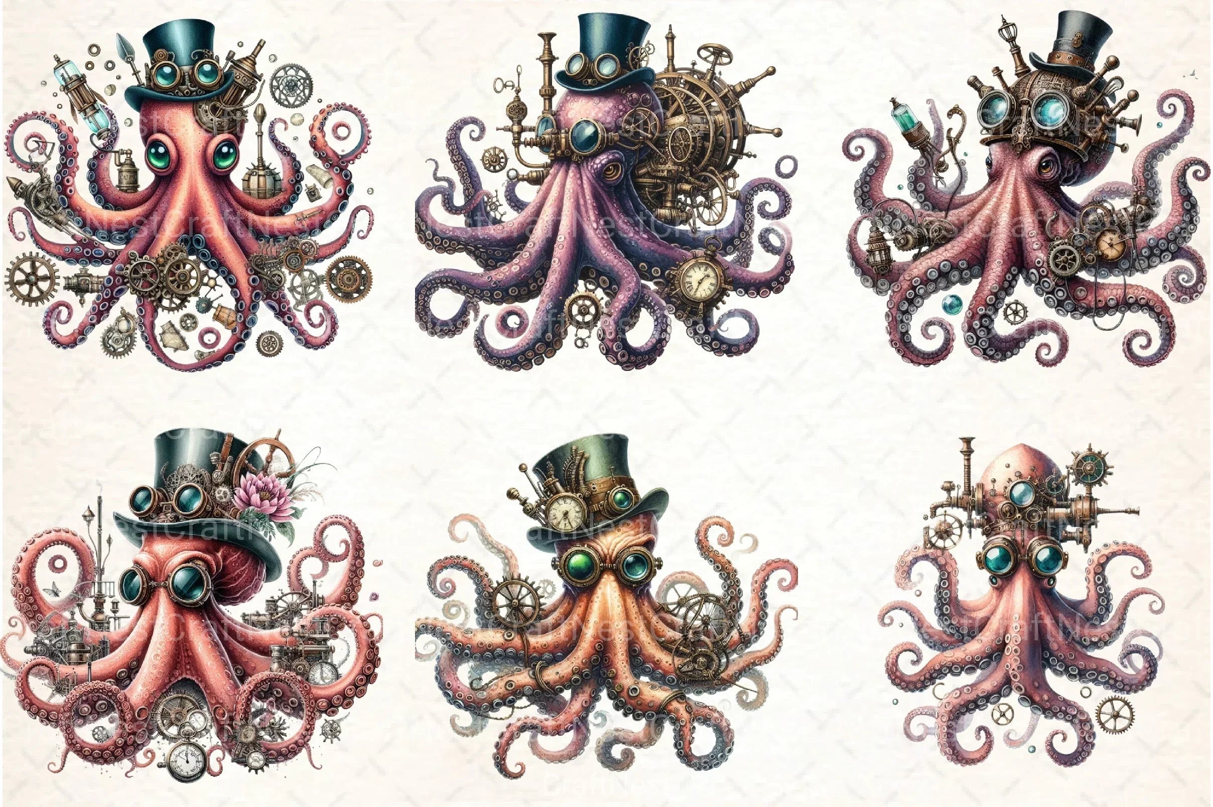 Steampunk Octopus Clipart Bundle - CraftNest - Digital Crafting and Art