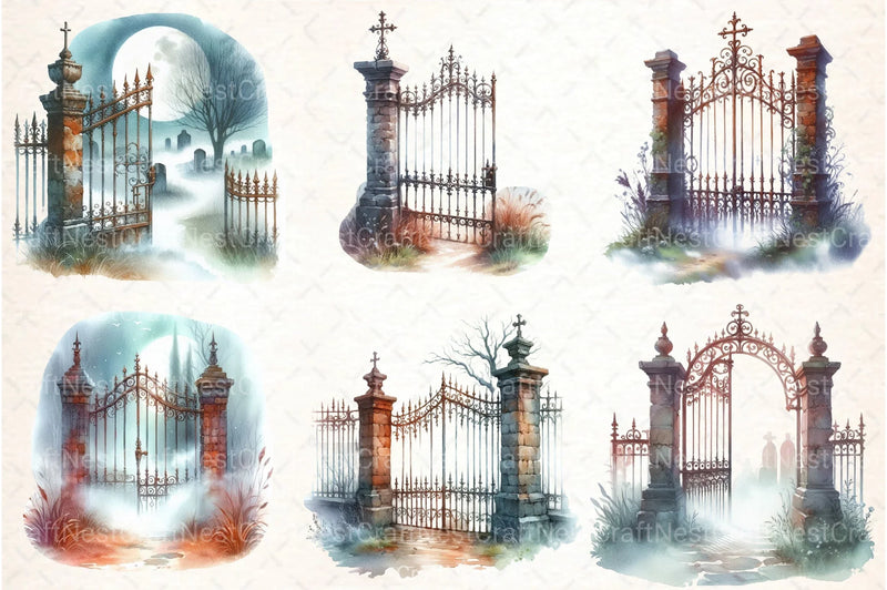 Watercolor Graveyard Gate Clipart Bundle - CraftNest - Digital Crafting and Art