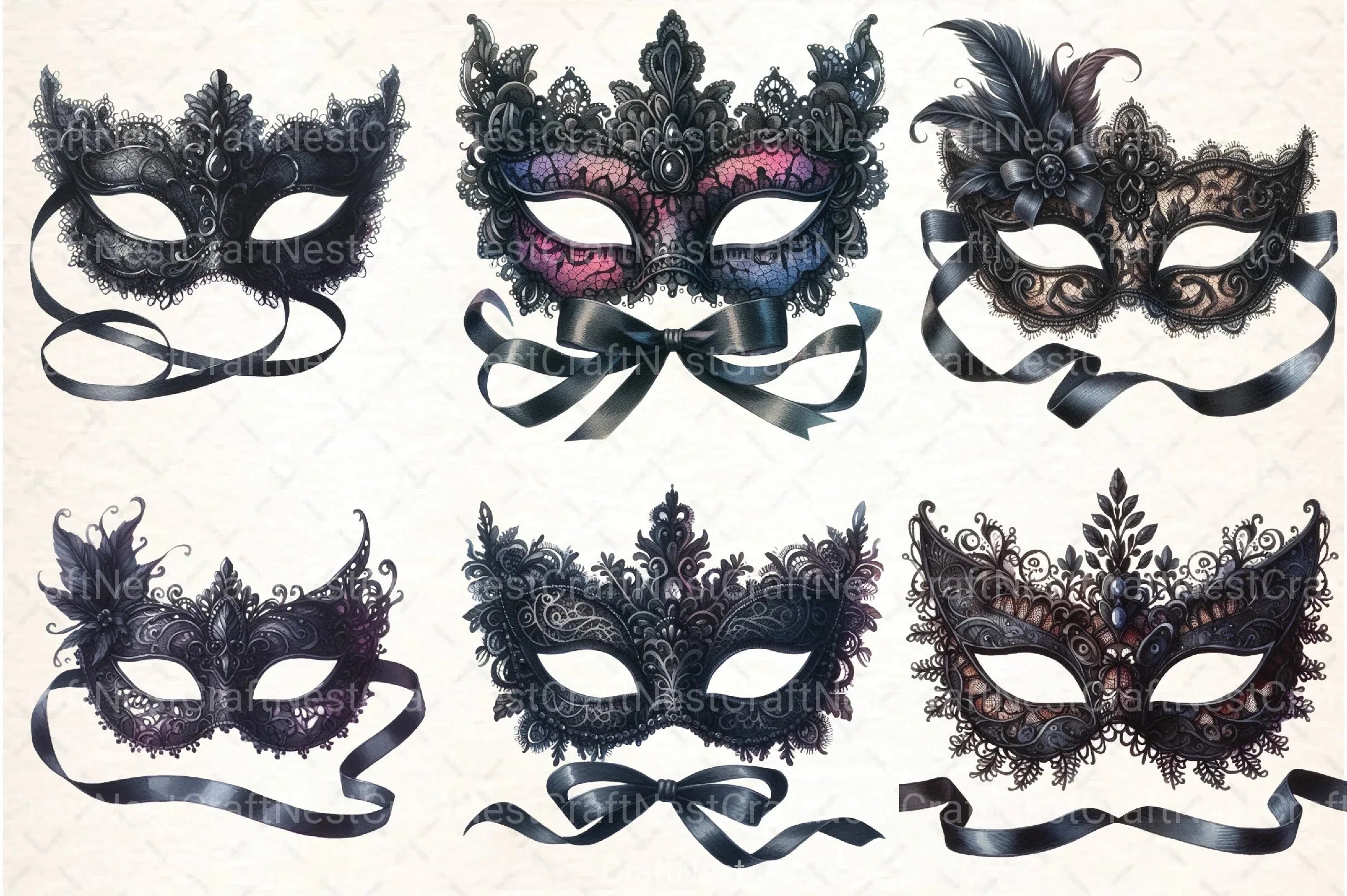 Black Lace Masquerade Mask Clipart Bundle - CraftNest - Digital Crafting and Art