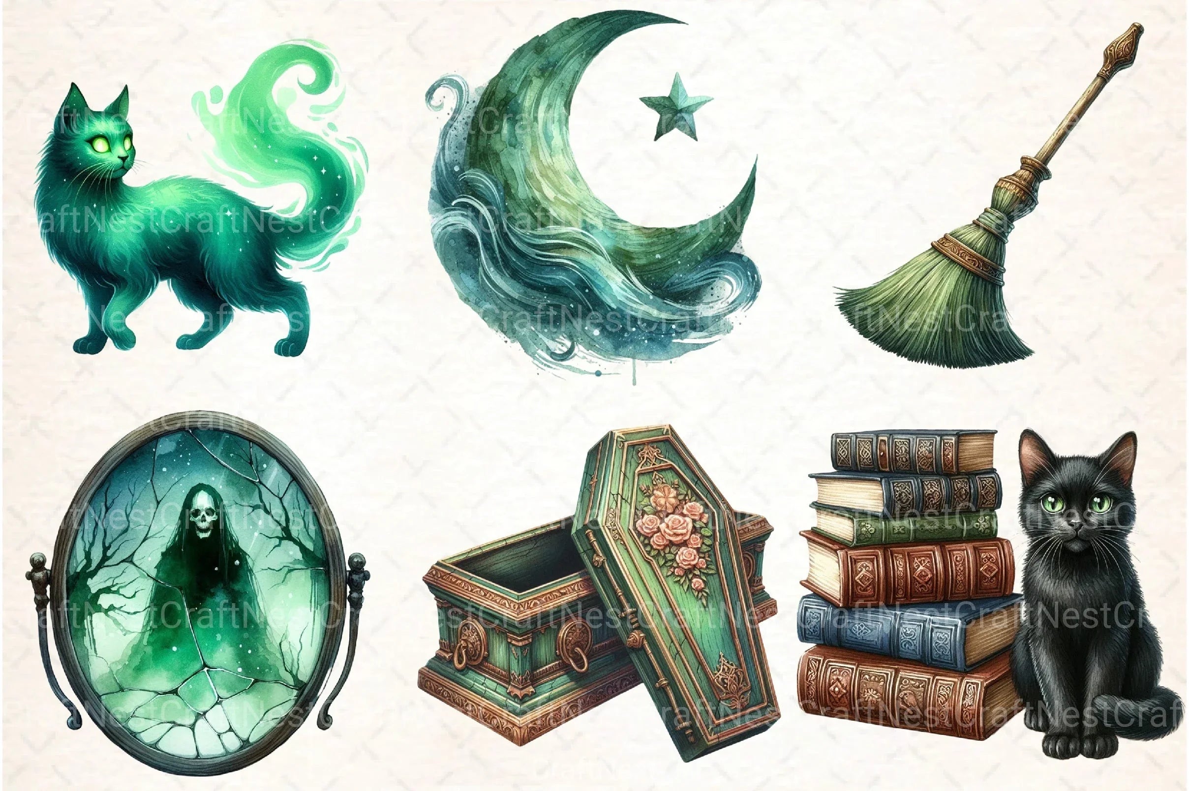 Antique Green Halloween Clipart Bundle 3 - CraftNest - Digital Crafting and Art