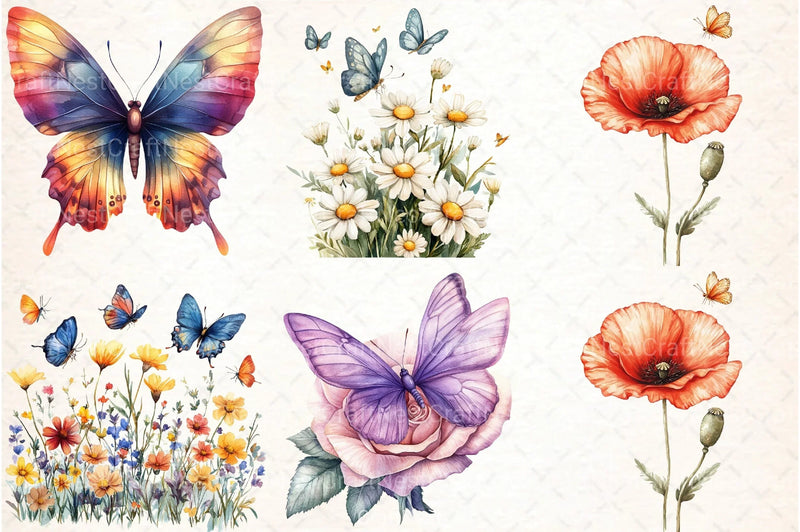 Colorful Flowers and Butterflies Clipart Bundle - CraftNest - Digital Crafting and Art