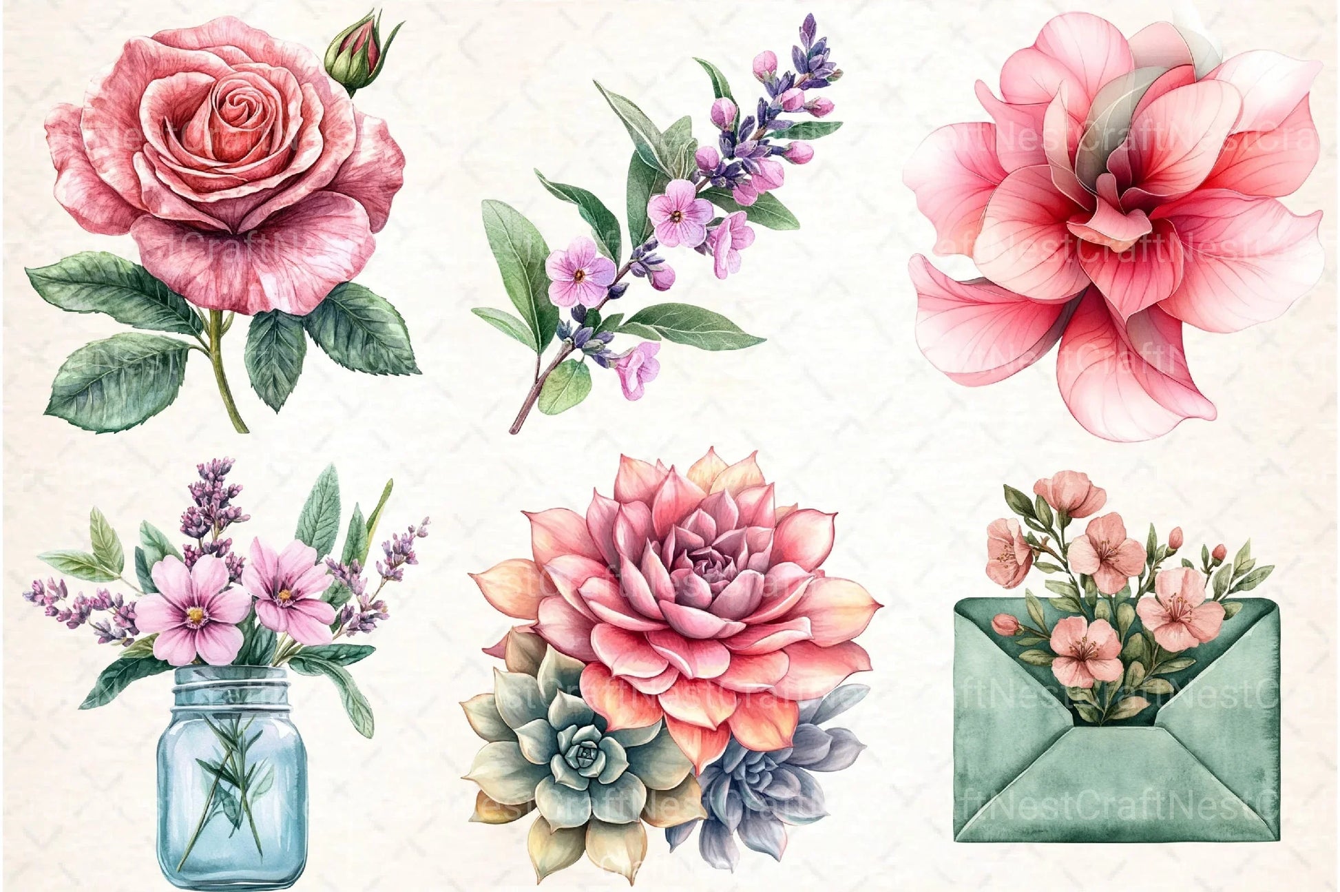 Sage Green Pink Flowers Clipart Bundle - CraftNest - Digital Crafting and Art