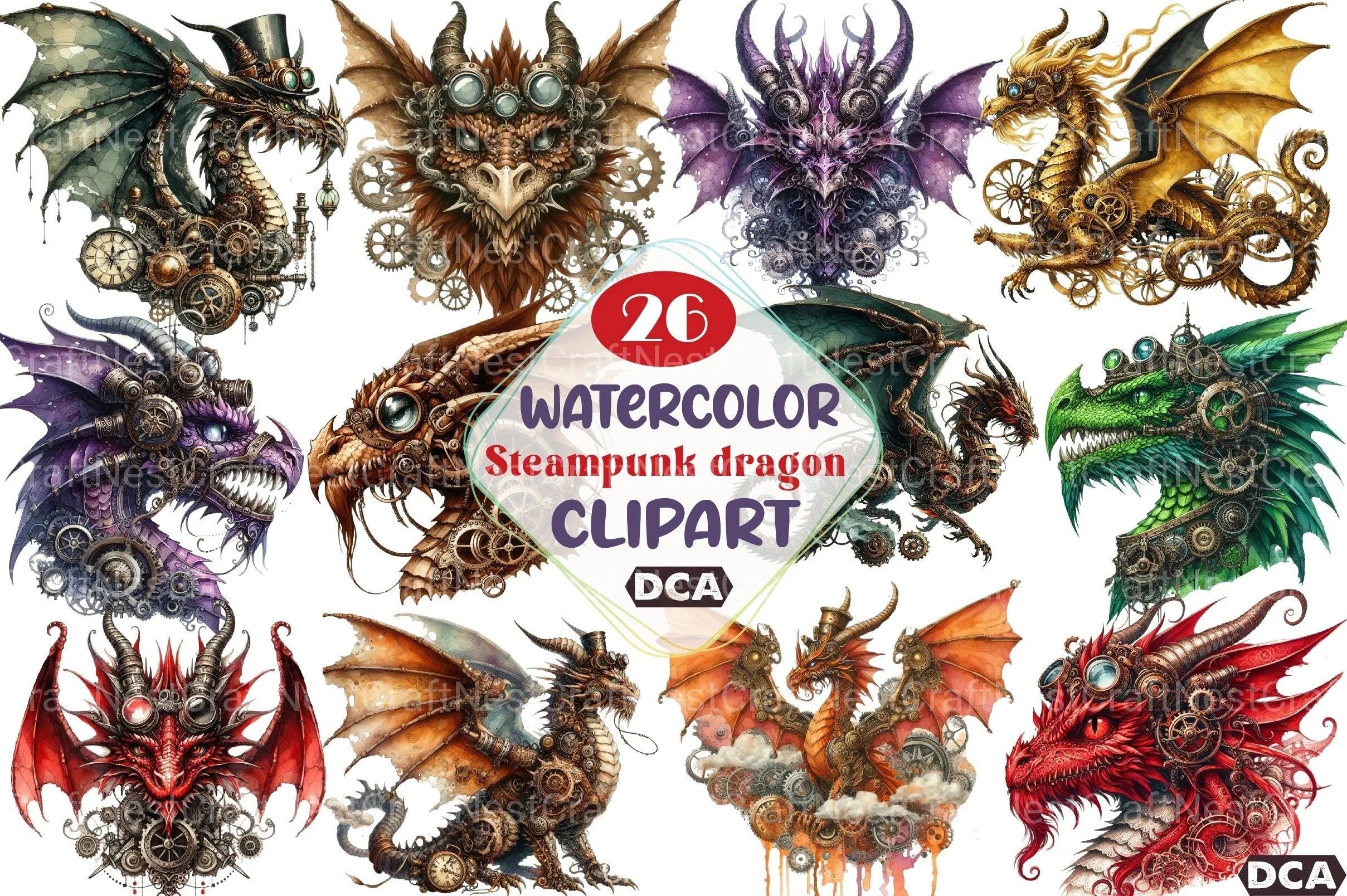 Watercolor Steampunk Dragon Clipart Bundle - CraftNest - Digital Crafting and Art