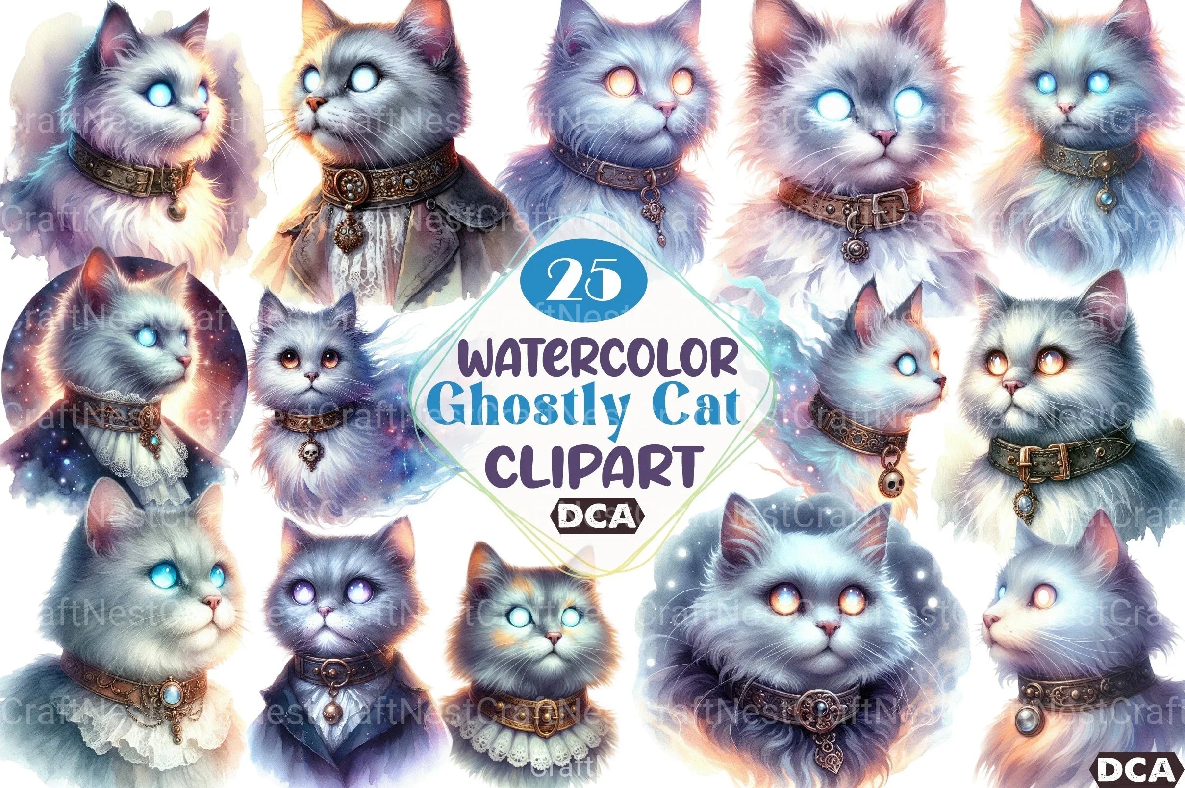 Watercolor Ghostly Cat Clipart Bundle - CraftNest - Digital Crafting and Art