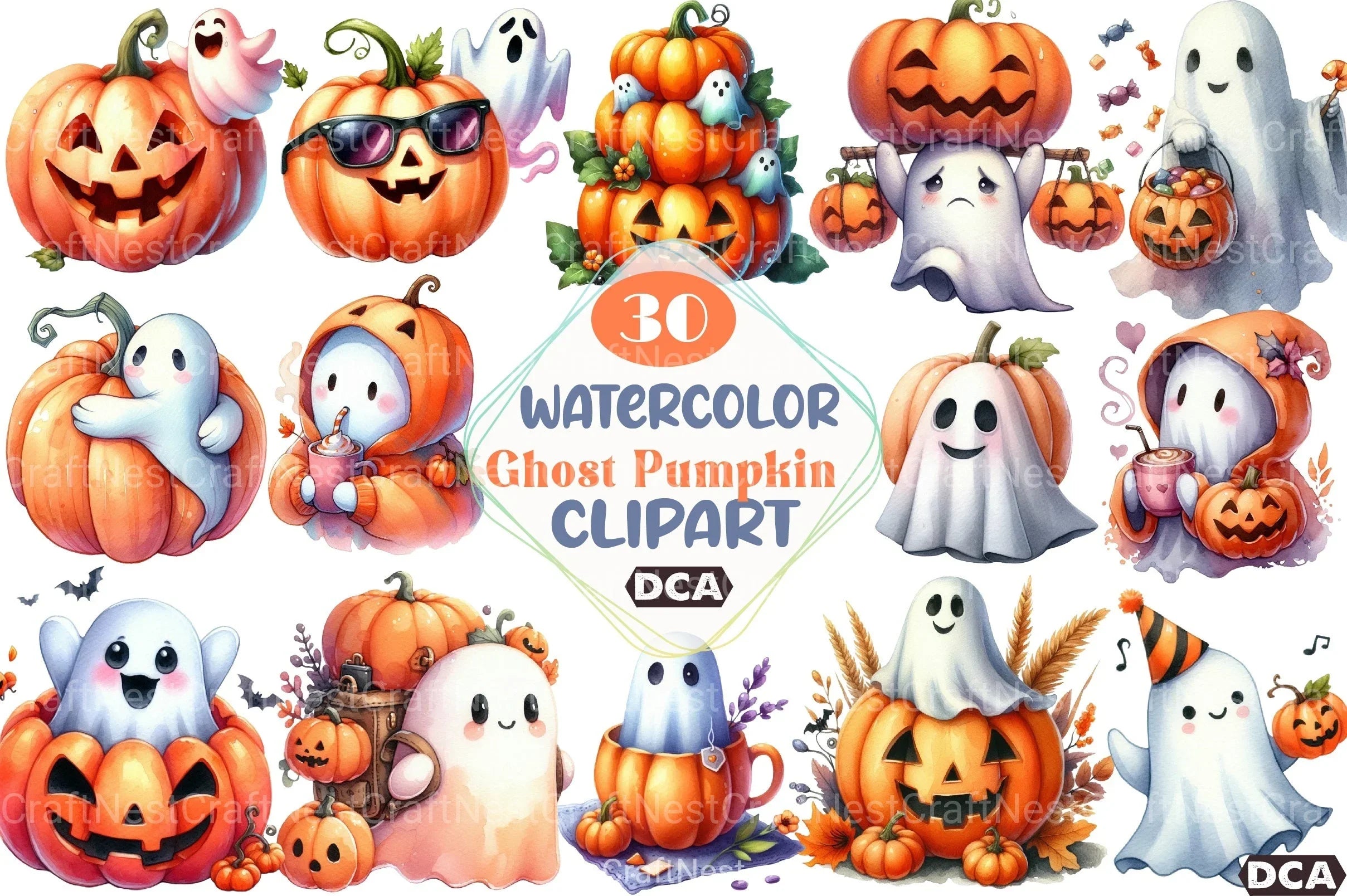 Cute Funny Ghost Pumpkin Halloween Clipart Bundle - CraftNest - Digital Crafting and Art
