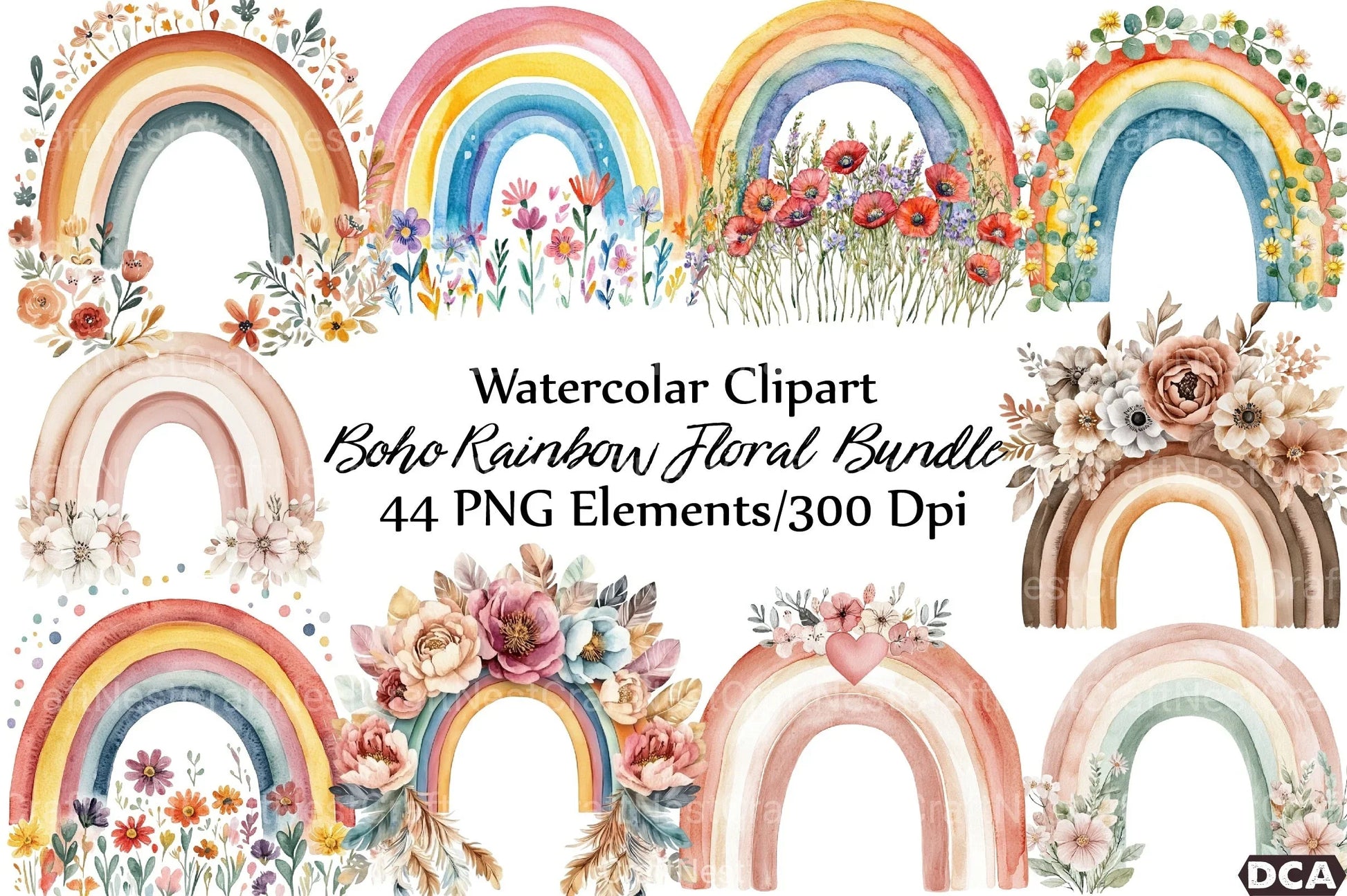 Boho Rainbow Floral Clipart Bundle - CraftNest - Digital Crafting and Art