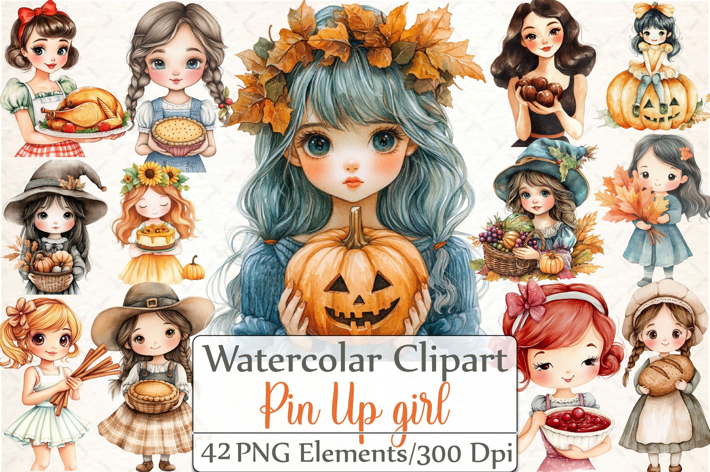 Kawaii Thanksgiving Pin-Up Girl Clipart Bundle