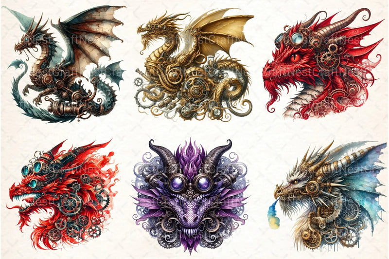 Watercolor Steampunk Dragon Clipart Bundle - CraftNest - Digital Crafting and Art