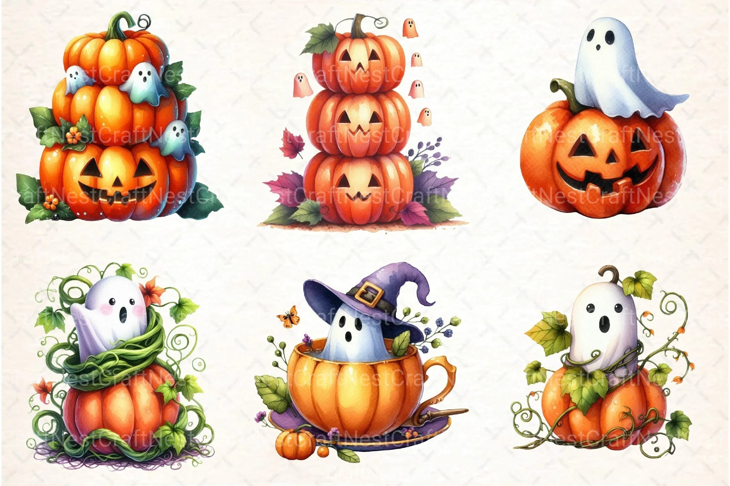 Cute Funny Ghost Pumpkin Halloween Clipart Bundle - CraftNest - Digital Crafting and Art