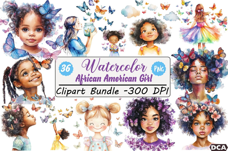 African American Girl with Butterflies Clipart Bundle - CraftNest - Digital Crafting and Art