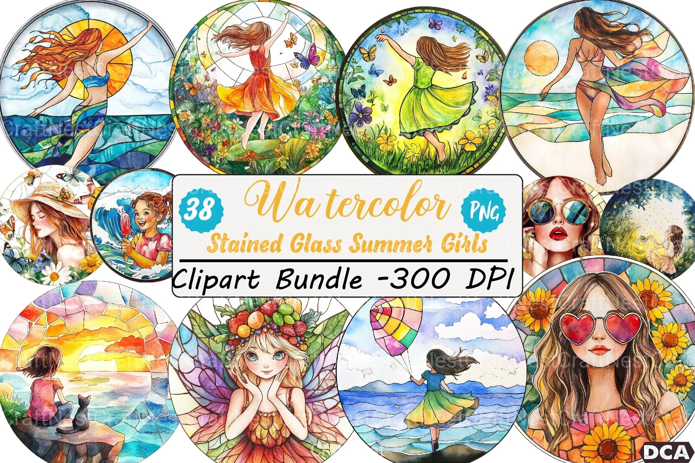 Stained Glass Summer Girls Clipart Bundle - CraftNest - Digital Crafting and Art