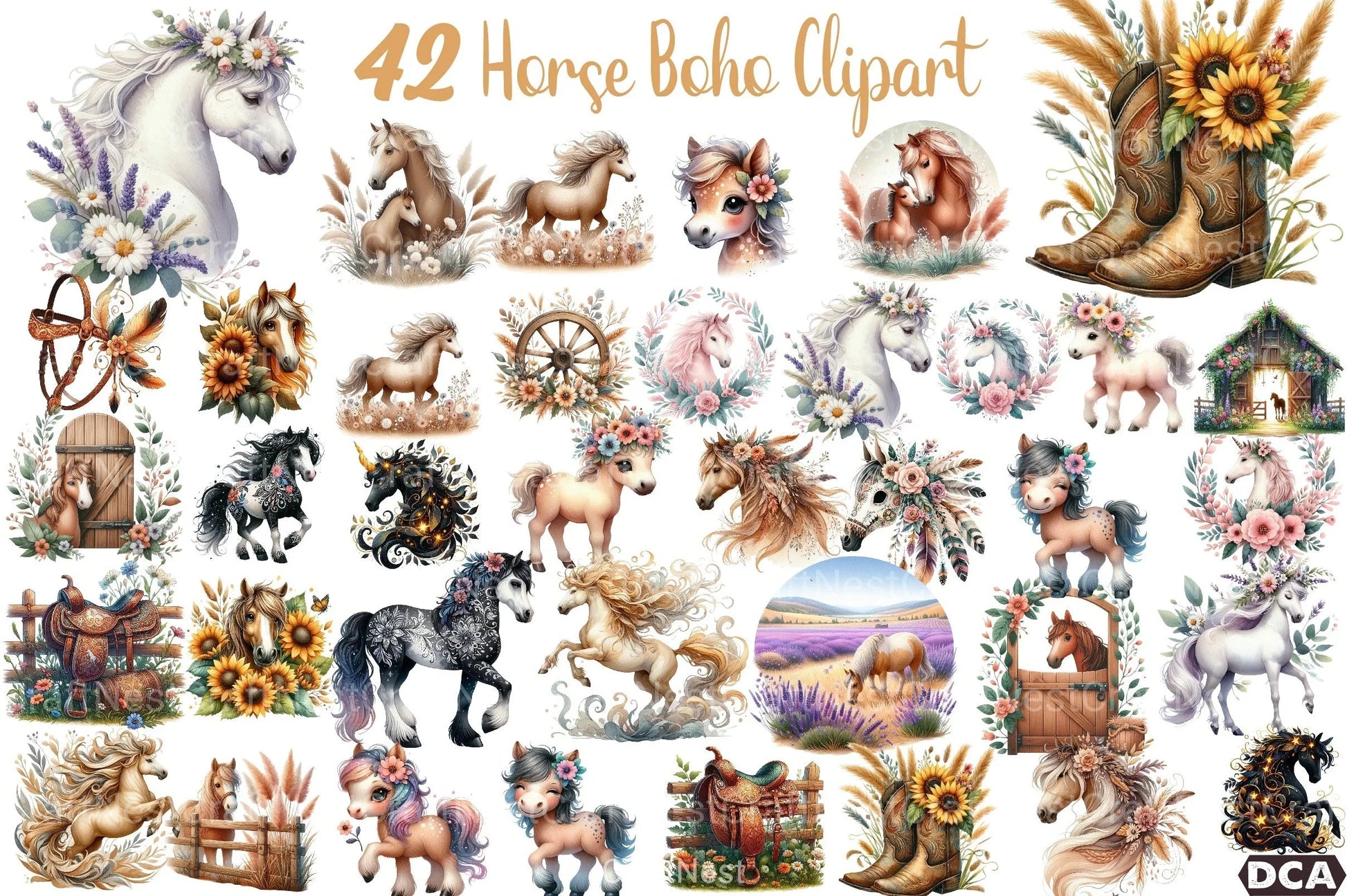 Boho Wild Flowers Horse Clipart Bundle - CraftNest - Digital Crafting and Art