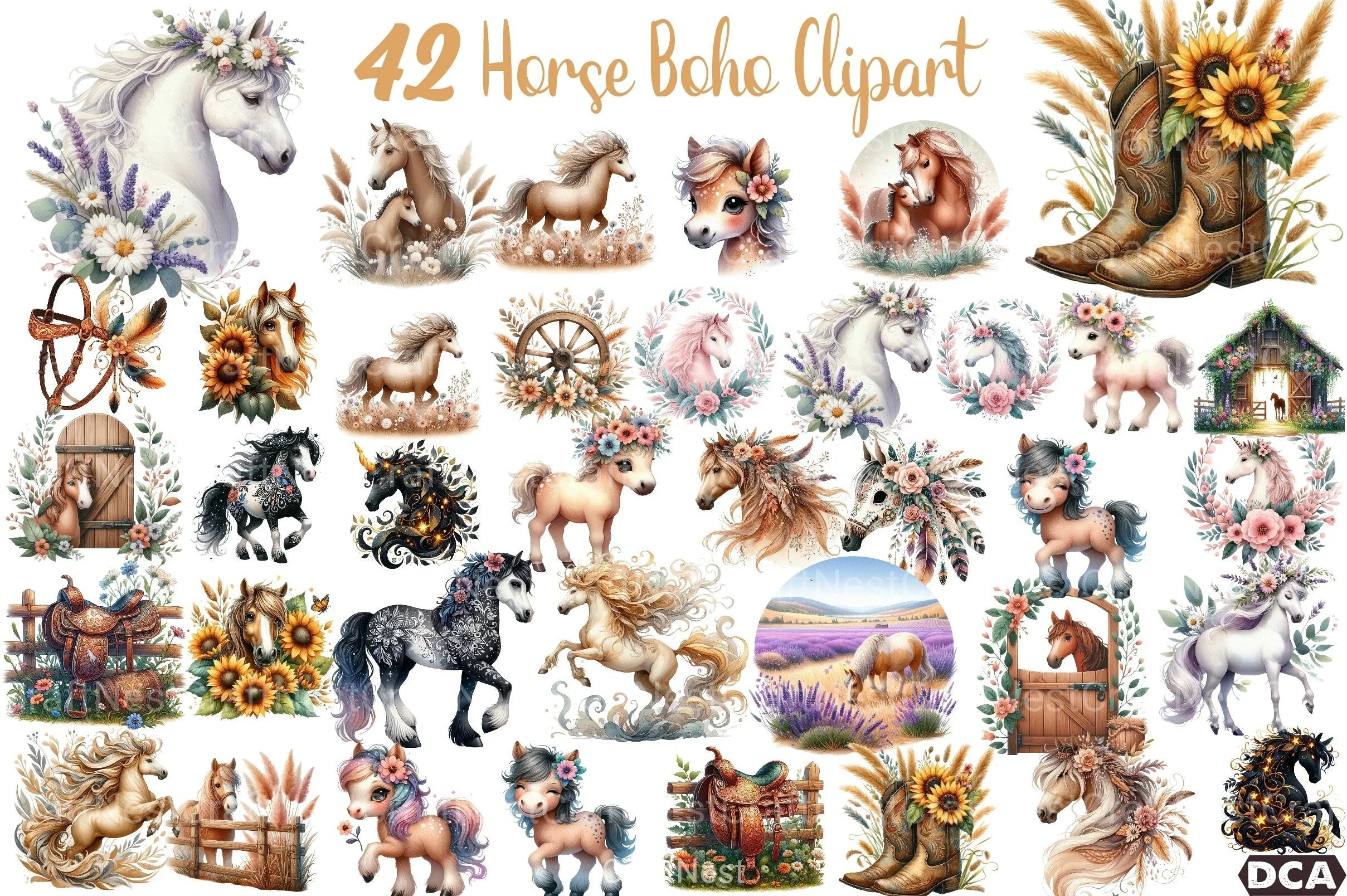 Boho Wild Flowers Horse Clipart Bundle - CraftNest - Digital Crafting and Art