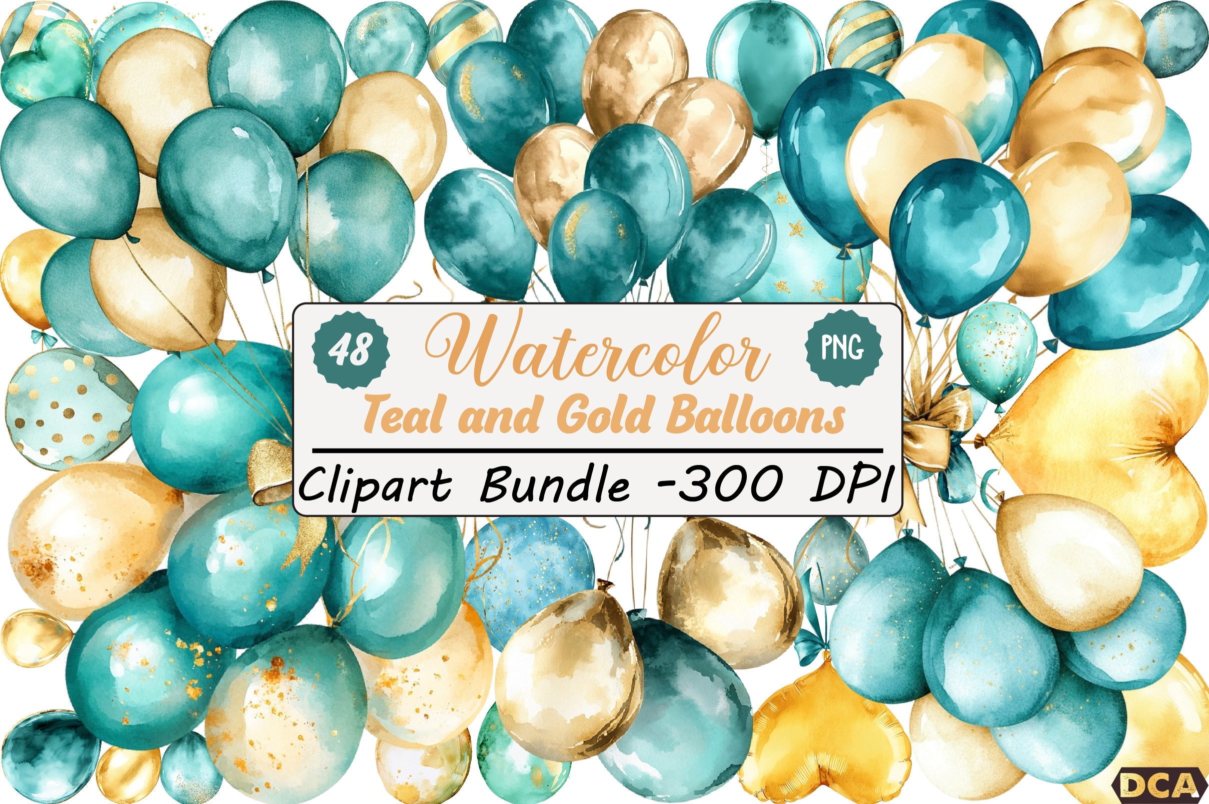 Teal and Gold Balloons Clipart Bundle