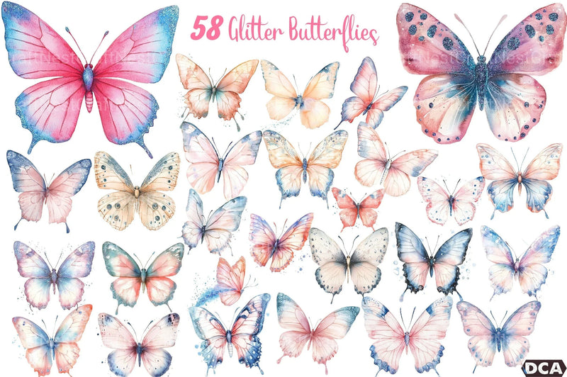 Blush Blue Glitter Butterflies Clipart Bundle - CraftNest - Digital Crafting and Art