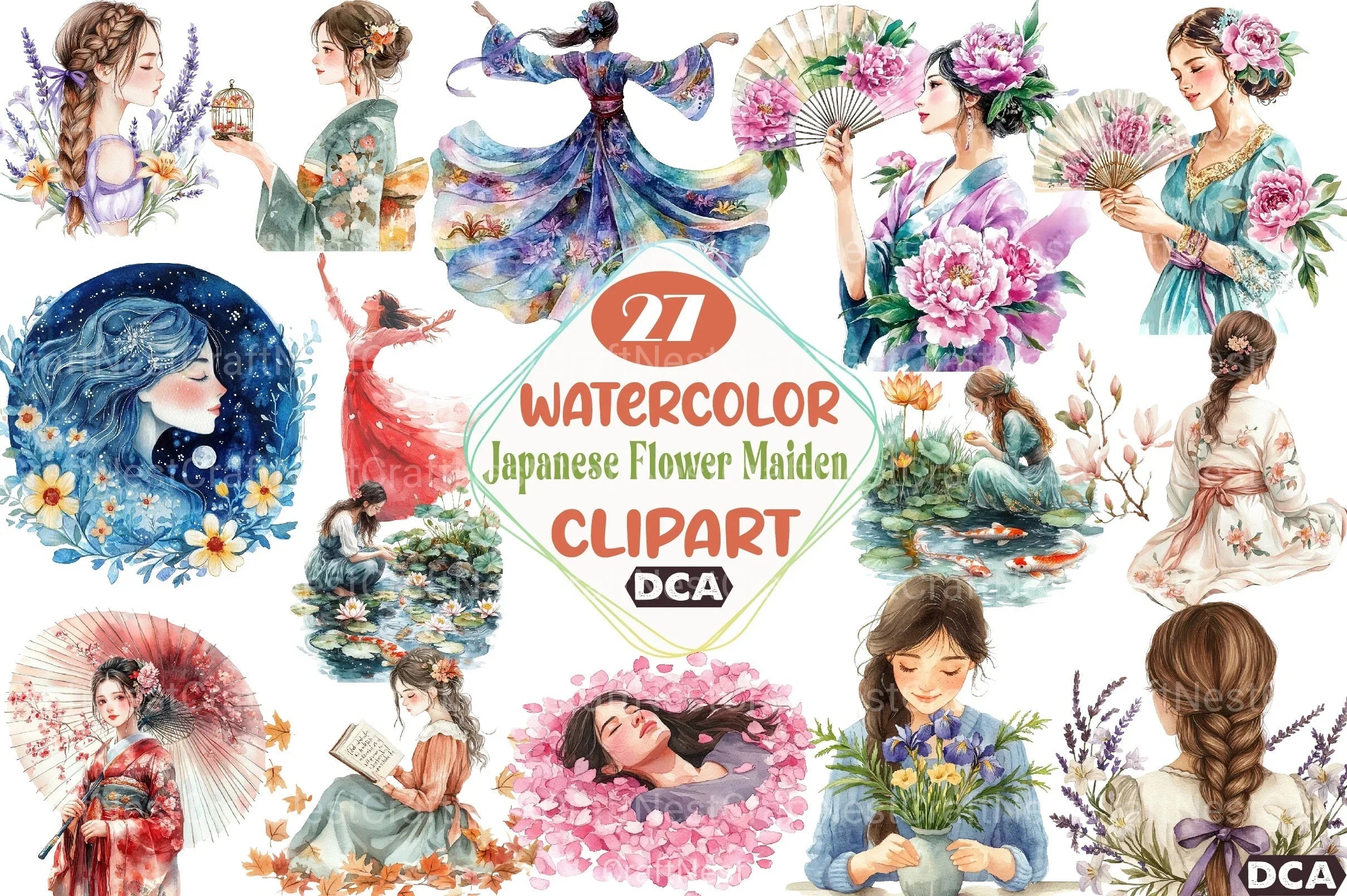 Japanese Flower Maiden Clipart Bundle - CraftNest - Digital Crafting and Art