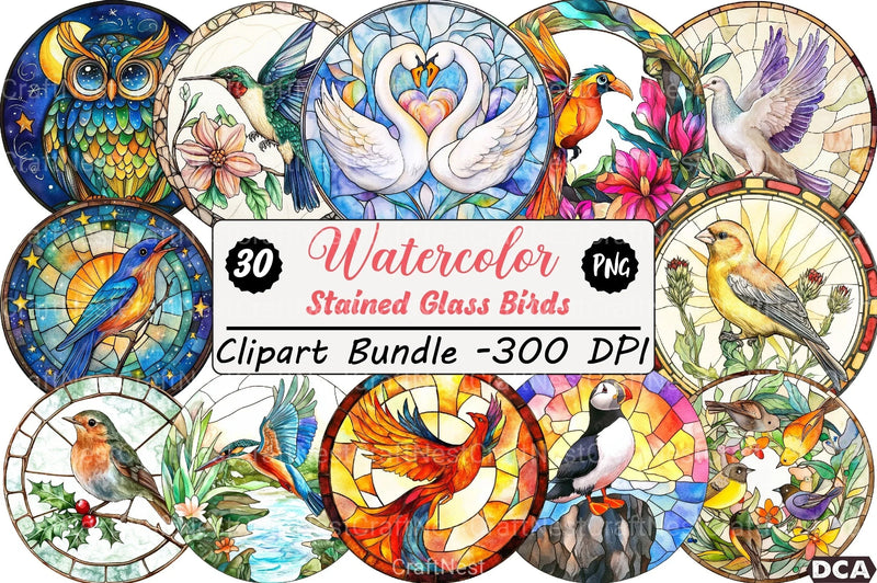 Round Stained Glass Birds Clipart Bundle 4 - CraftNest - Digital Crafting and Art