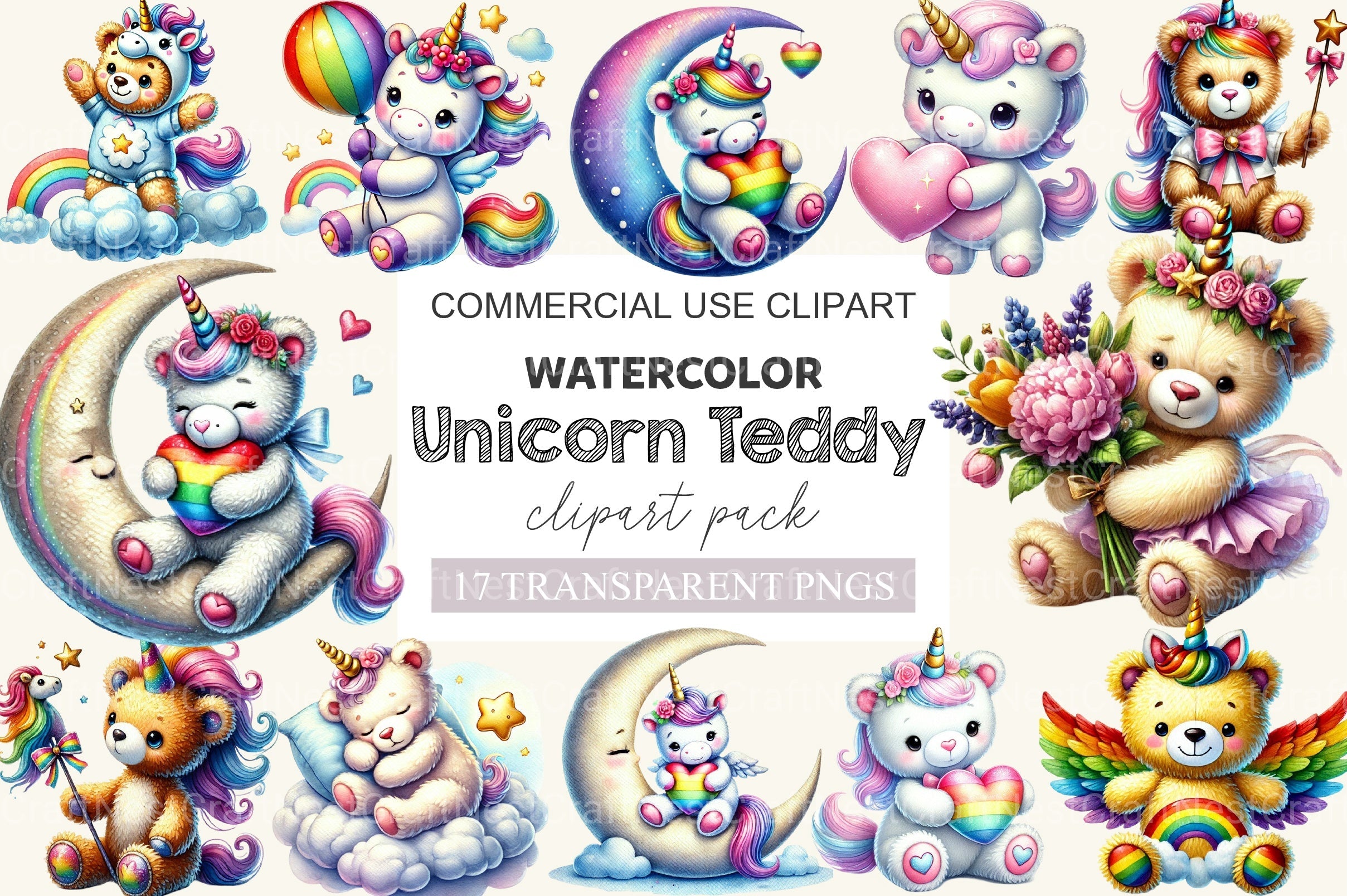Unicorn Teddy Bear Clipart Bundle