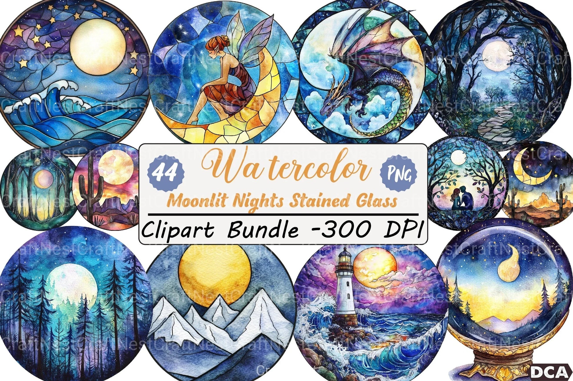 Round Moonlit Nights Stained Glass Clipart Bundle 4 - CraftNest - Digital Crafting and Art