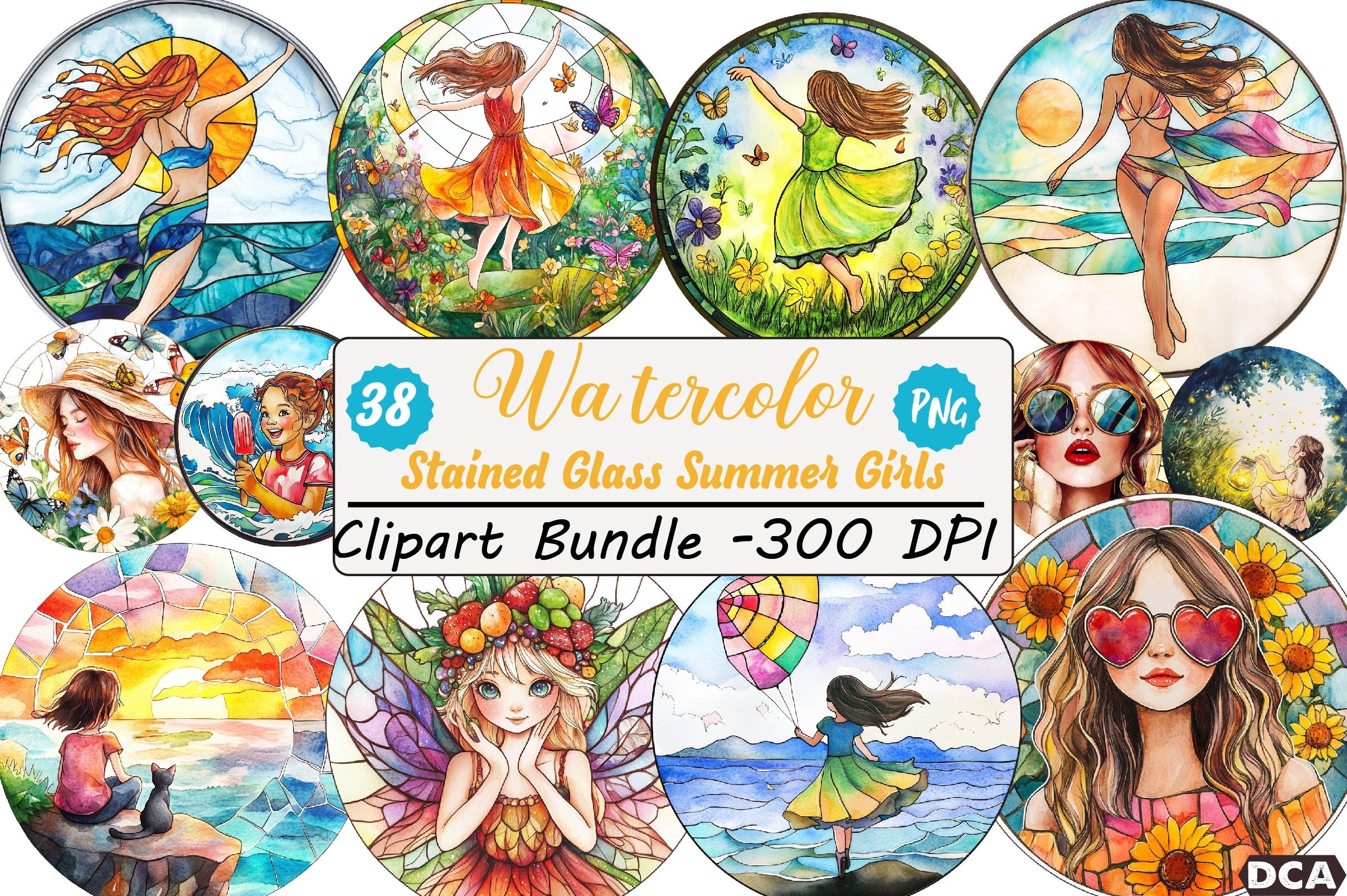 Stained Glass Summer Girls Clipart Bundle