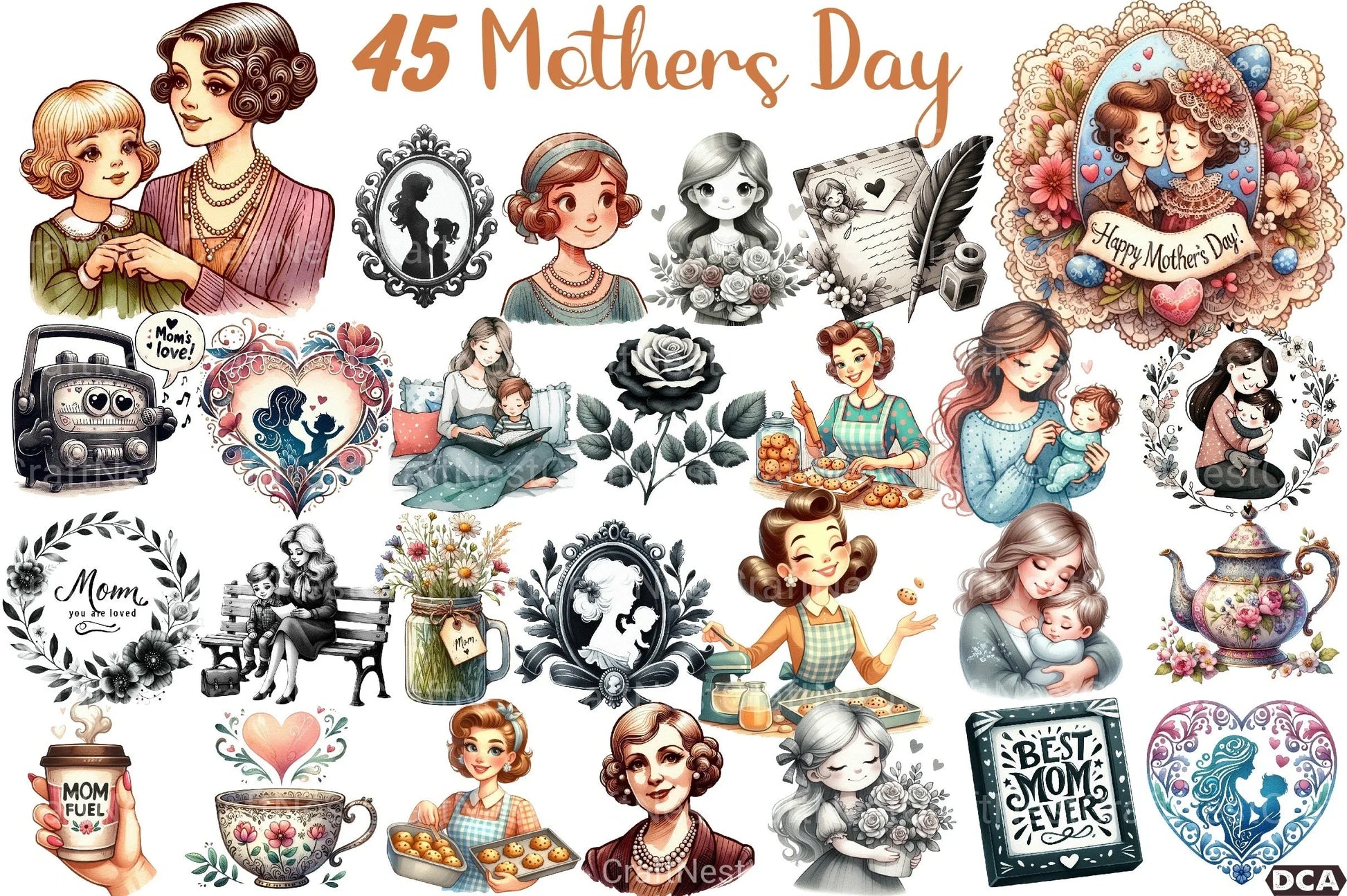 Black and White Mother's Day Clipart Bundle - CraftNest - Digital Crafting and Art
