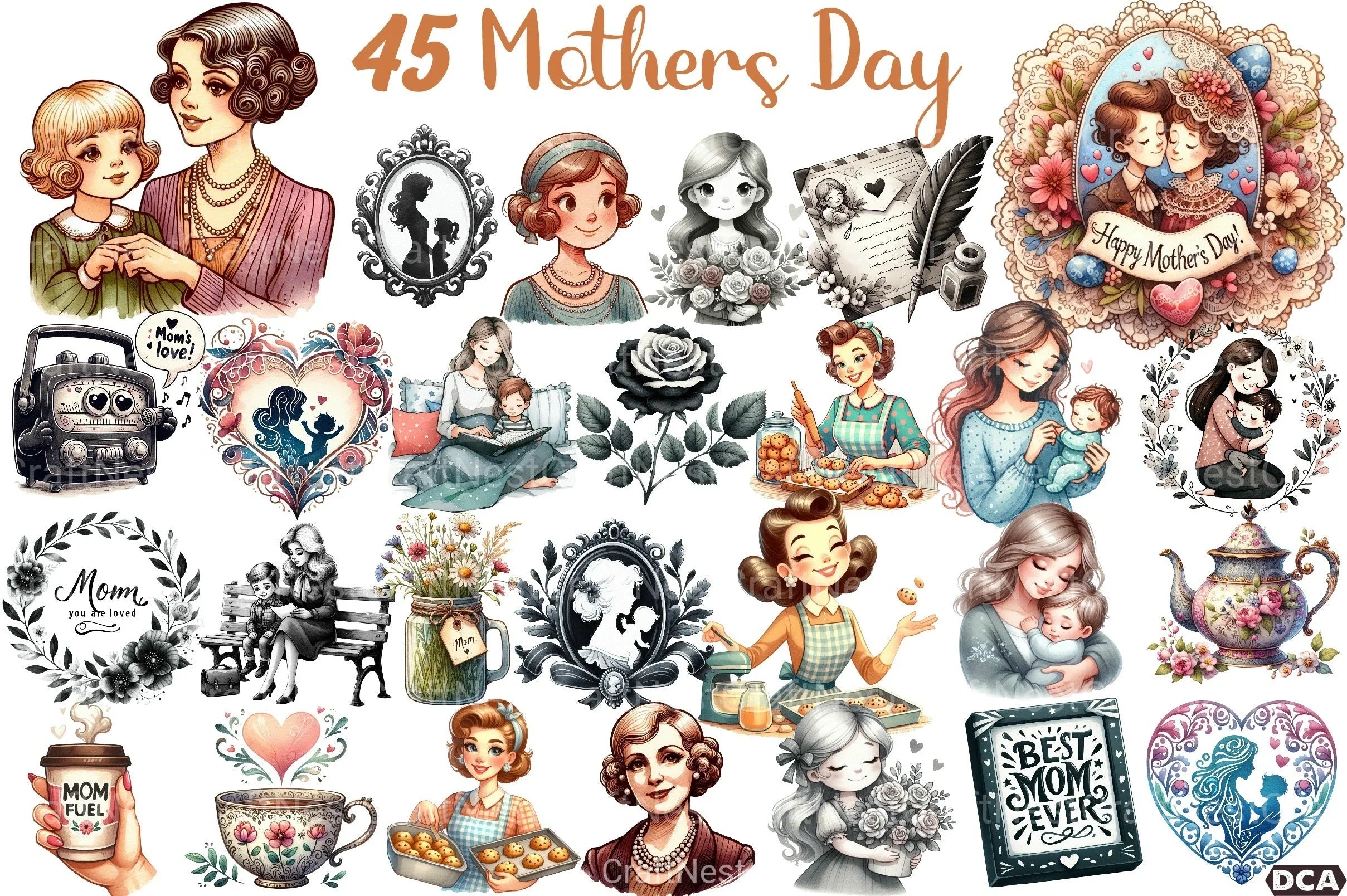 Black and White Mother's Day Clipart Bundle - CraftNest - Digital Crafting and Art