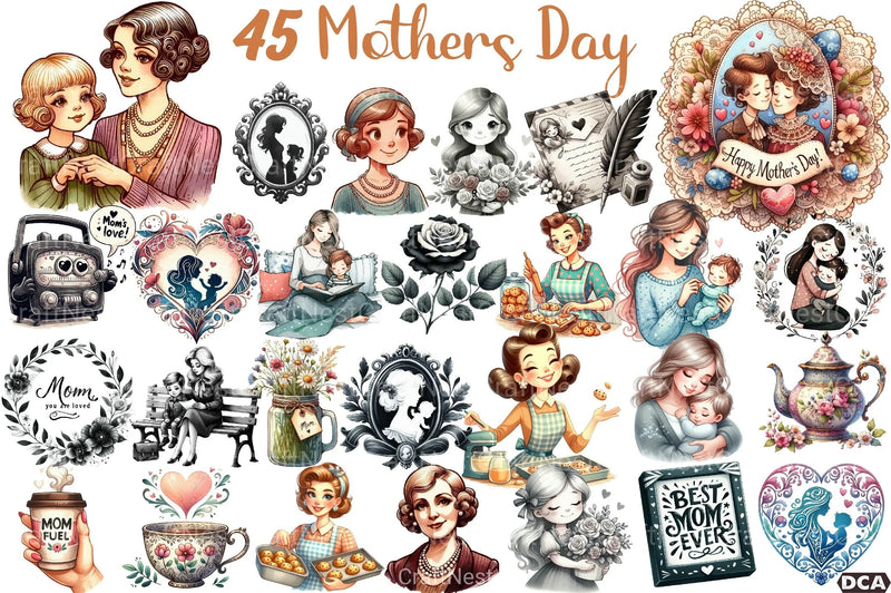 Black and White Mother's Day Clipart Bundle - CraftNest - Digital Crafting and Art