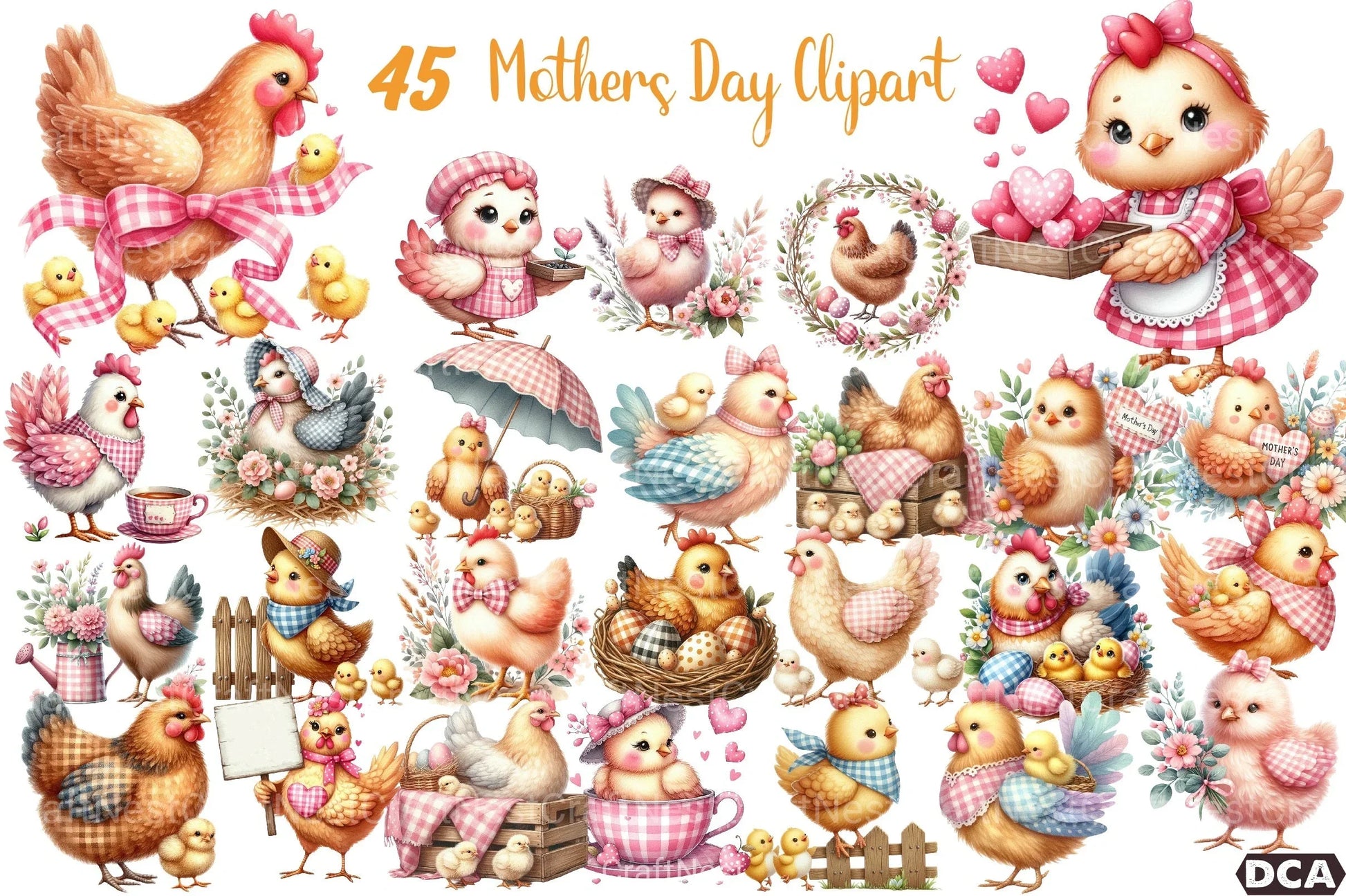 Pink Gingham Hen Mother's Day Clipart Bundle - CraftNest - Digital Crafting and Art