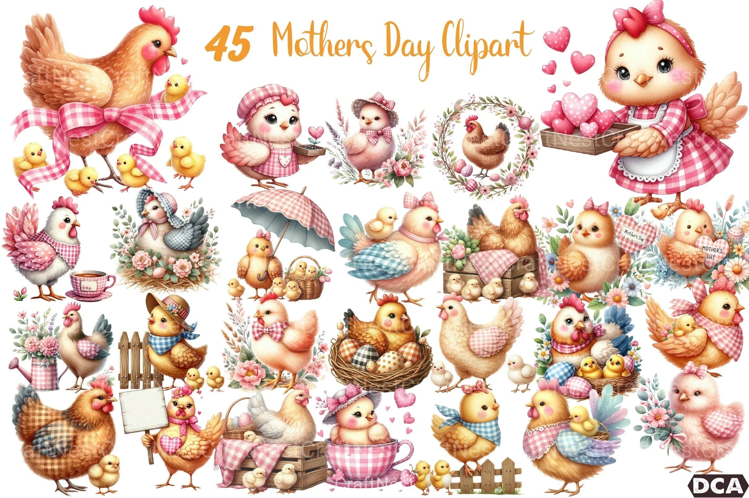 Pink Gingham Hen Mother's Day Clipart Bundle - CraftNest - Digital Crafting and Art