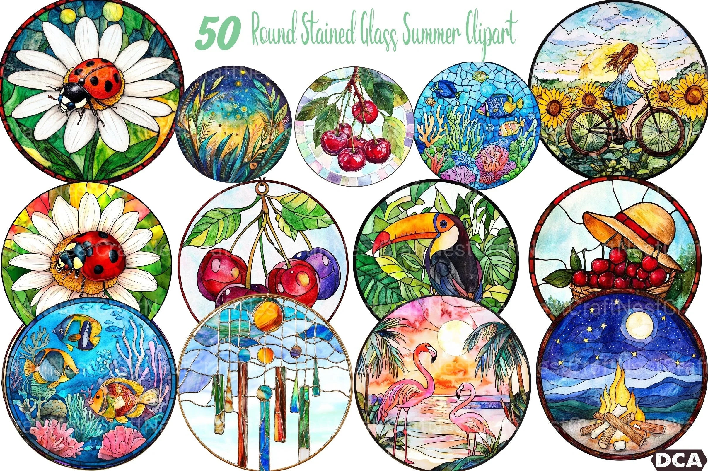 Round Stained Glass Summer Clipart Bundle 44 - CraftNest - Digital Crafting and Art