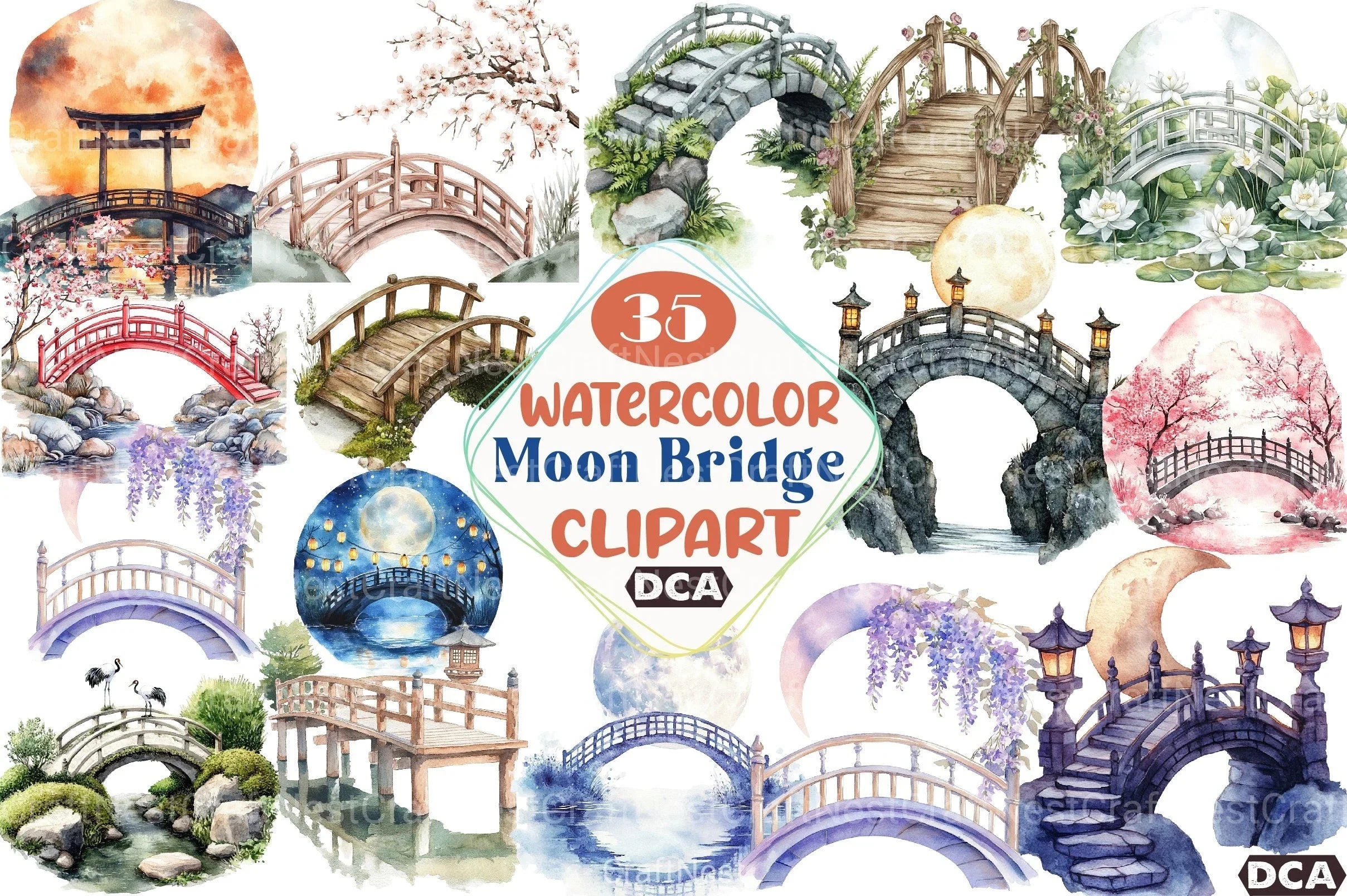 Serene Japanese Moon Bridge Clipart Bundle - CraftNest - Digital Crafting and Art