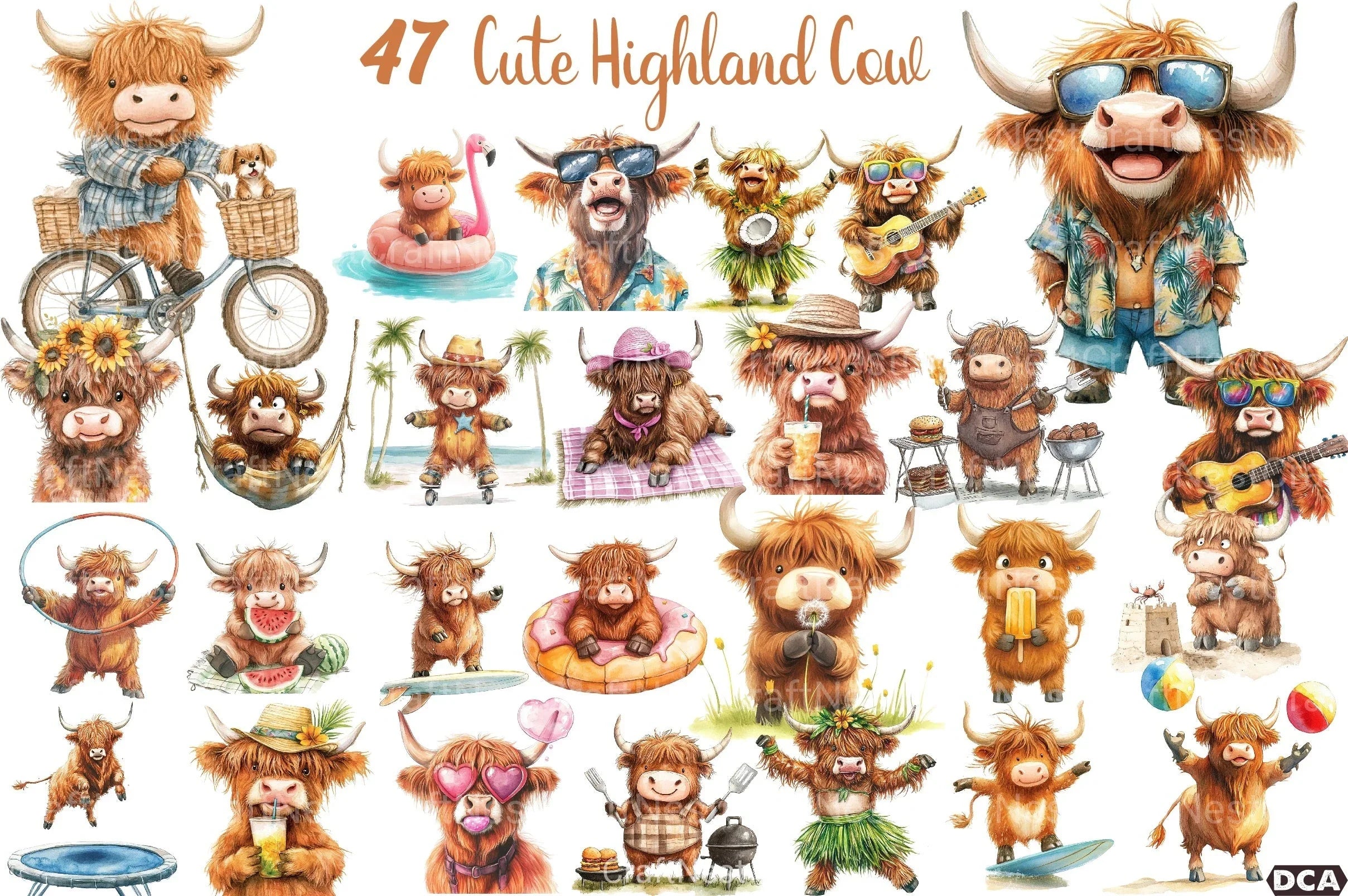 Summer Funny Cute Highland Cow Clipart Bundle - CraftNest - Digital Crafting and Art